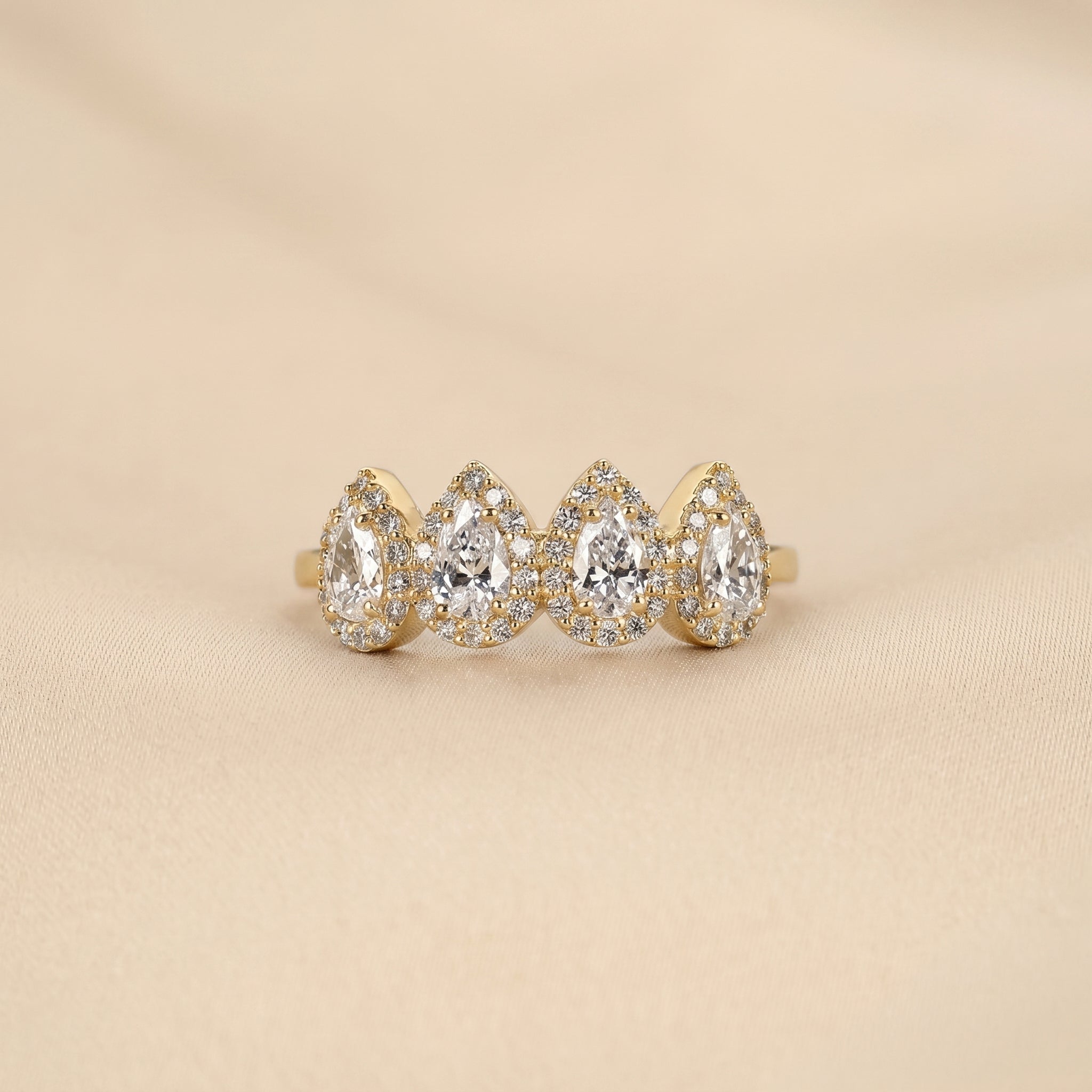 Four Stone Halo Pear Lab Grown Diamond Cluster Ring in 14K Yellow Gold 0.89 CTW