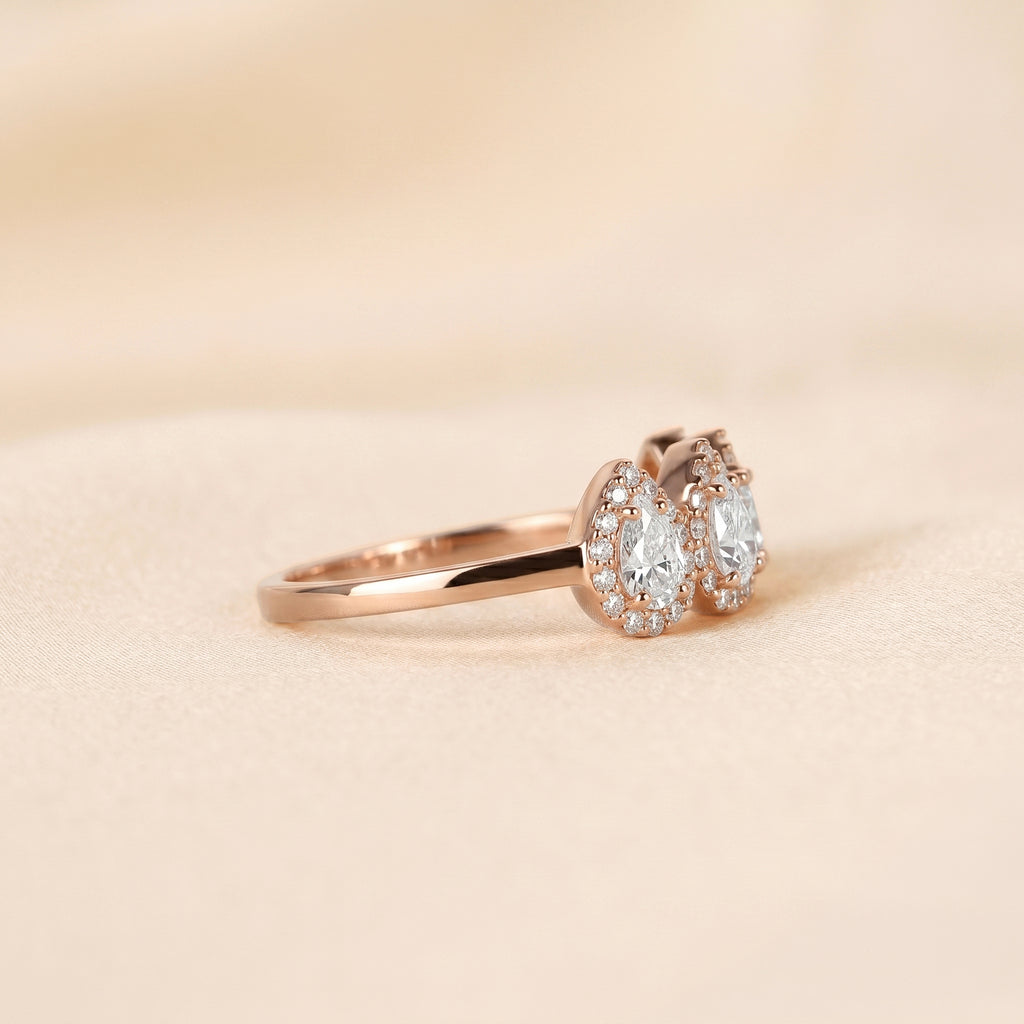 Four Stone Halo Pear Lab Grown Diamond Cluster Ring in 18K Rose Gold 0.89 CTW