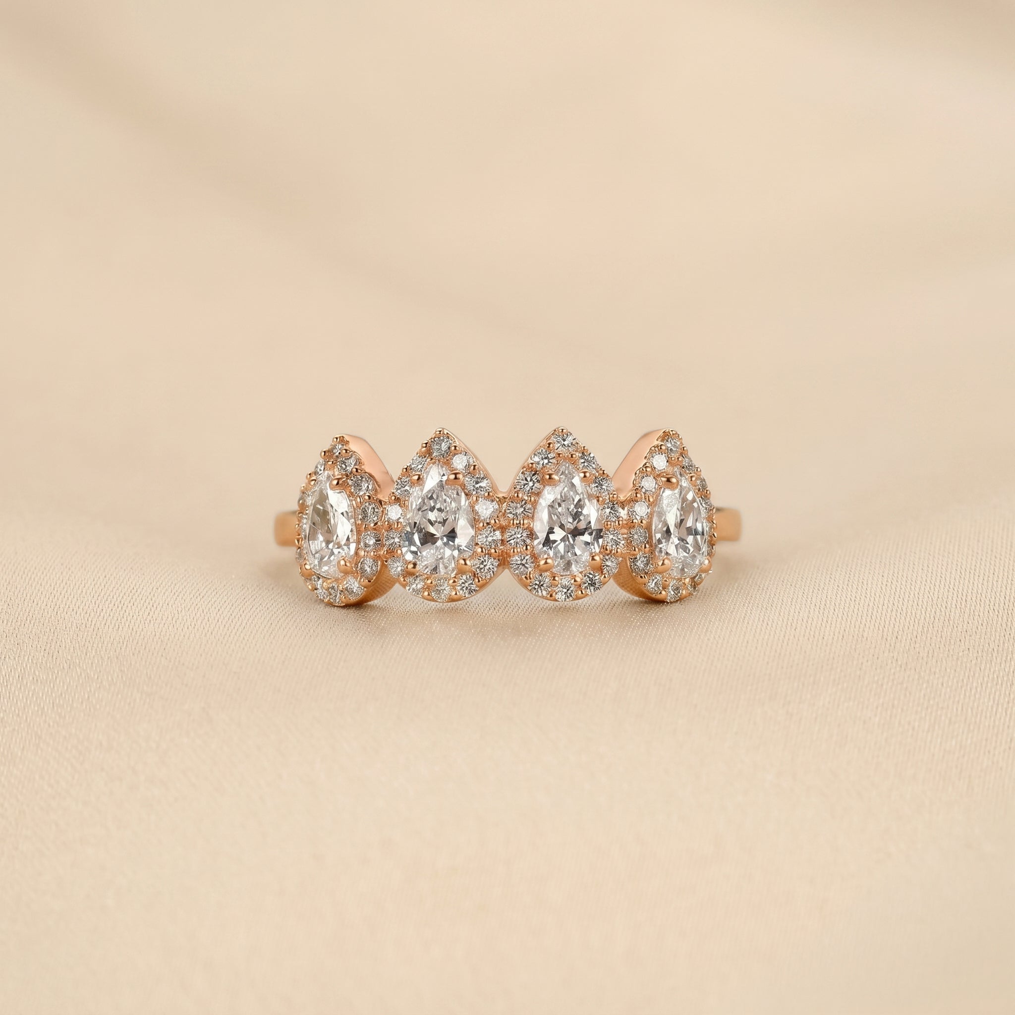 Four Stone Halo Pear Lab Grown Diamond Cluster Ring in 18K Rose Gold 0.89 CTW