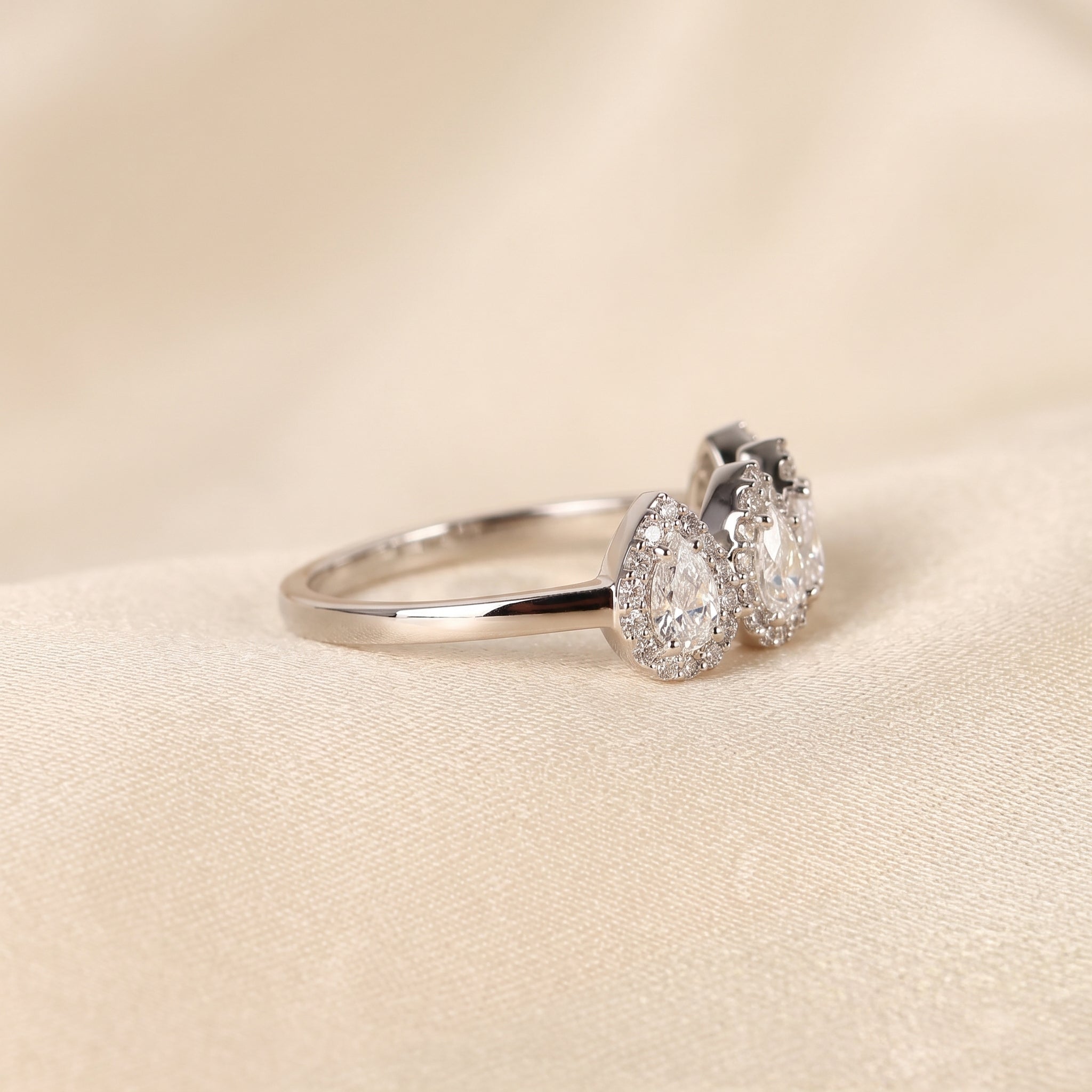 Four Stone Halo Pear Lab Grown Diamond Cluster Ring in 18K White Gold 0.89 CTW