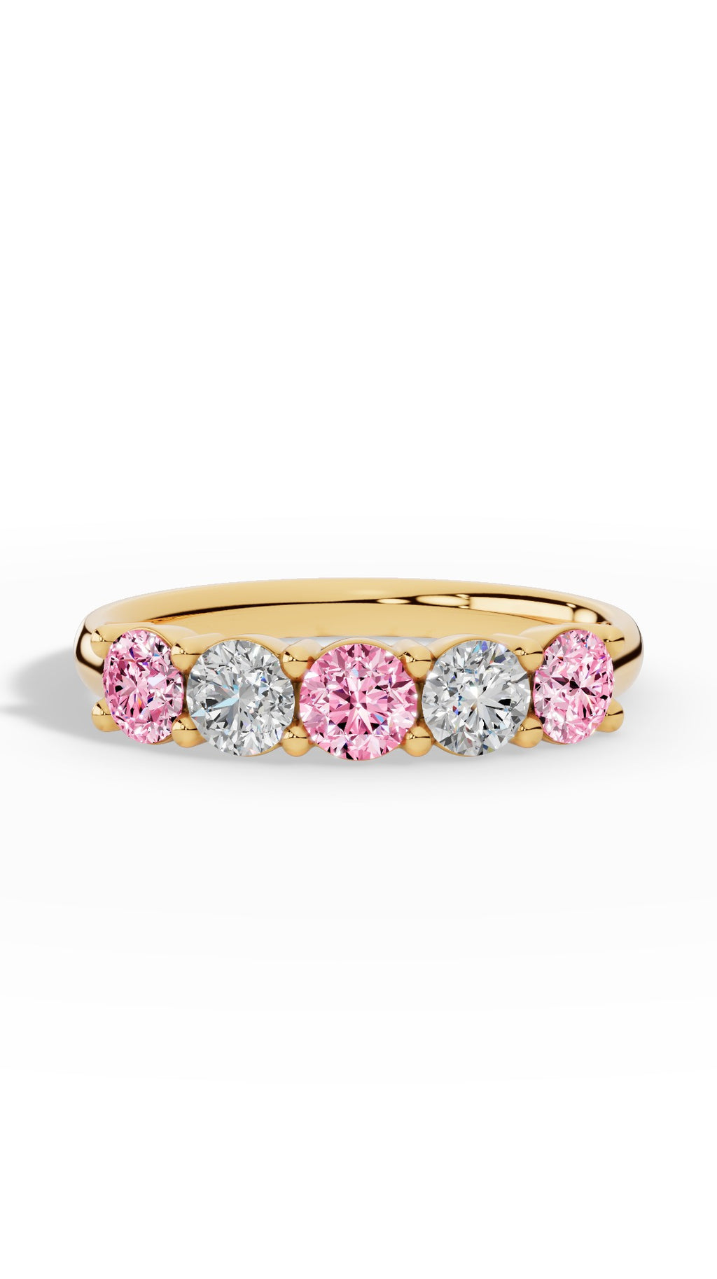 French Pavé Five Stone Light Pink & White Brilliant Round Cut Ring 10K Yellow Gold 1.0 CTW