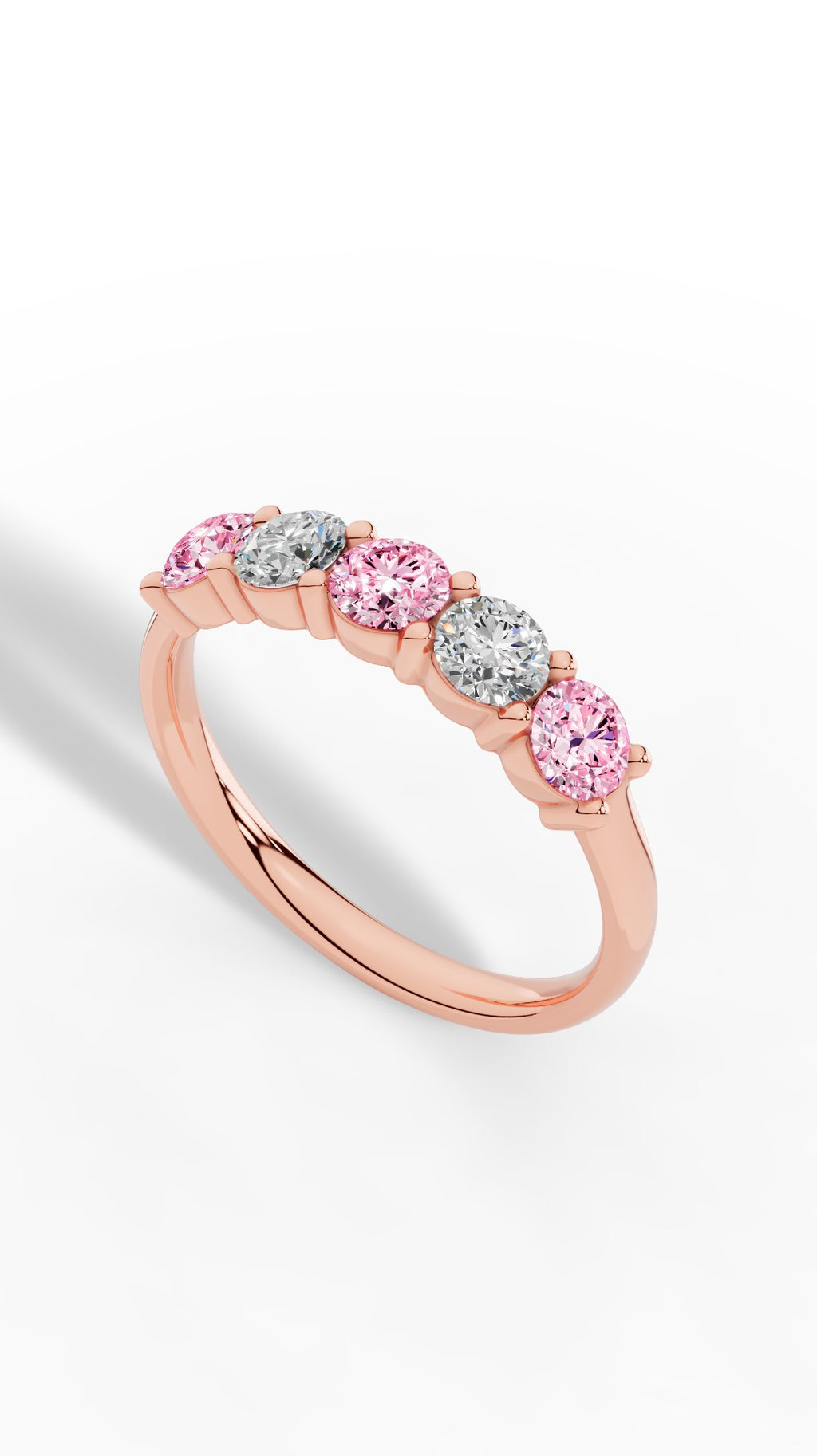 French Pavé Five Stone Light Pink & White Brilliant Round Cut Ring 14K Rose Gold 1.0 CTW