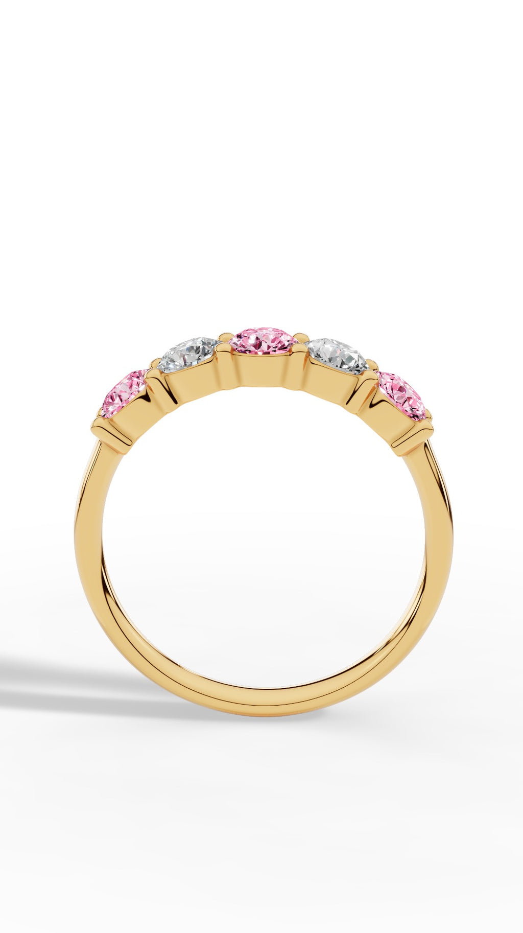 French Pavé Five Stone Light Pink & White Brilliant Round Cut Ring 14K Yellow Gold 1.0 CTW