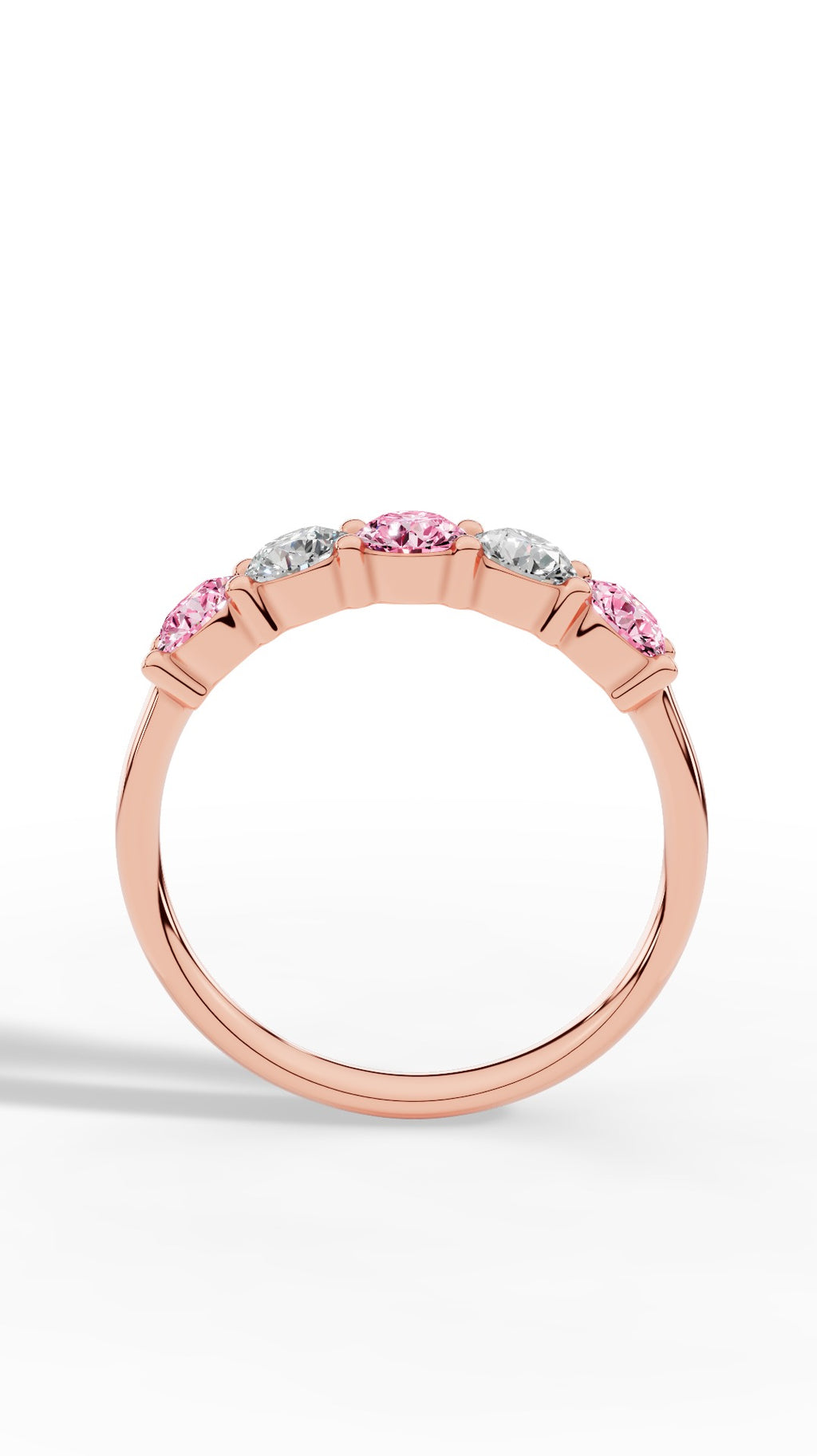 French Pavé Five Stone Light Pink & White Brilliant Round Cut Ring 18K Rose Gold 1.0 CTW