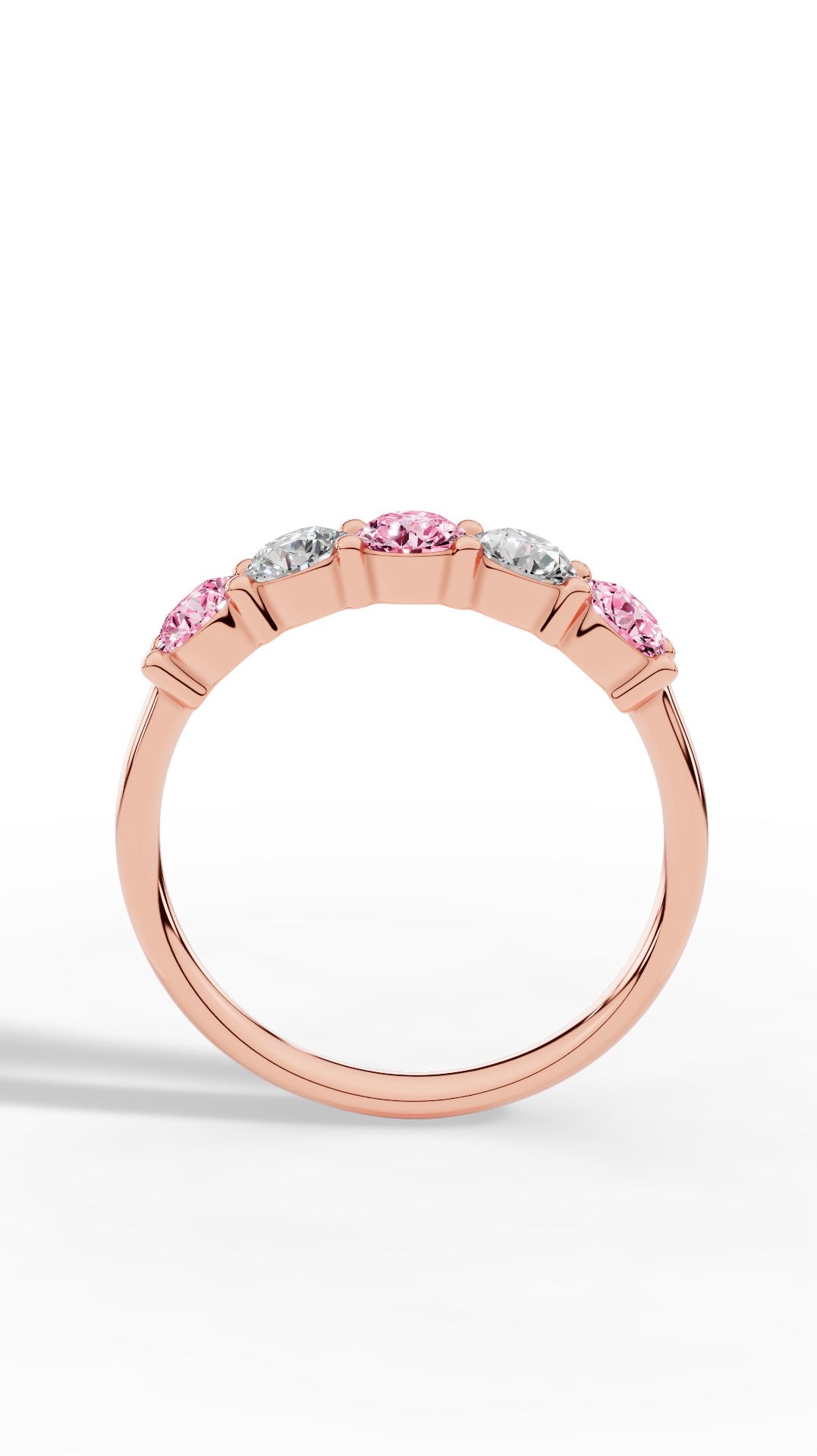 French Pavé Five Stone Light Pink & White Brilliant Round Cut Ring 18K Rose Gold 1.0 CTW