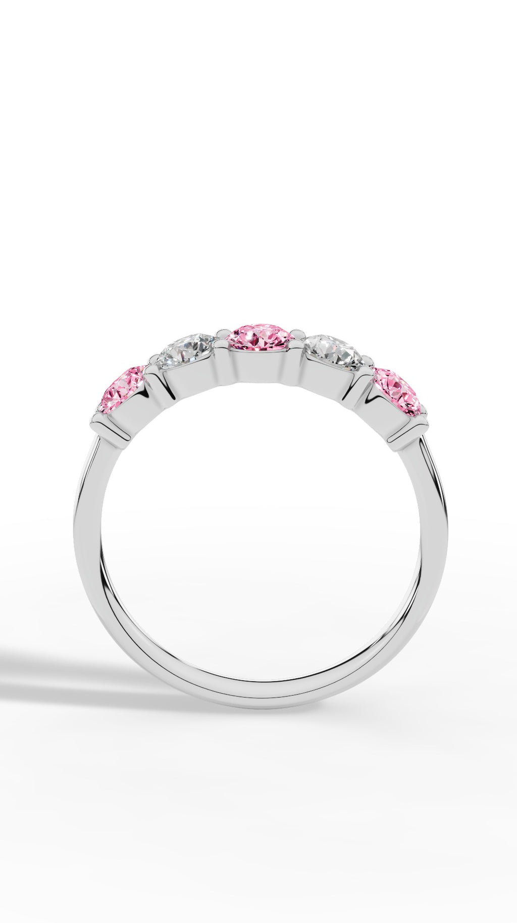 French Pavé Five Stone Light Pink & White Brilliant Round Cut Ring 18K White Gold 1.0 CTW