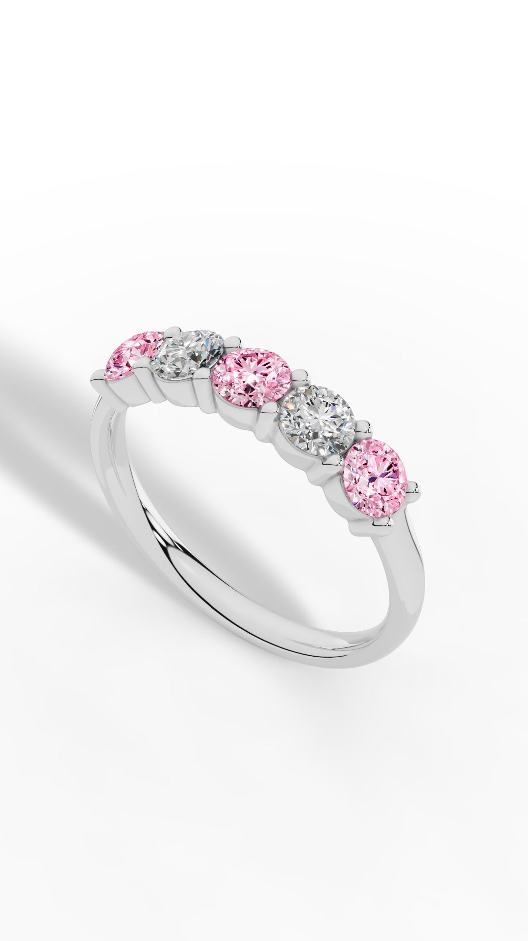 French Pavé Five Stone Light Pink & White Brilliant Round Cut Ring 18K White Gold 1.0 CTW