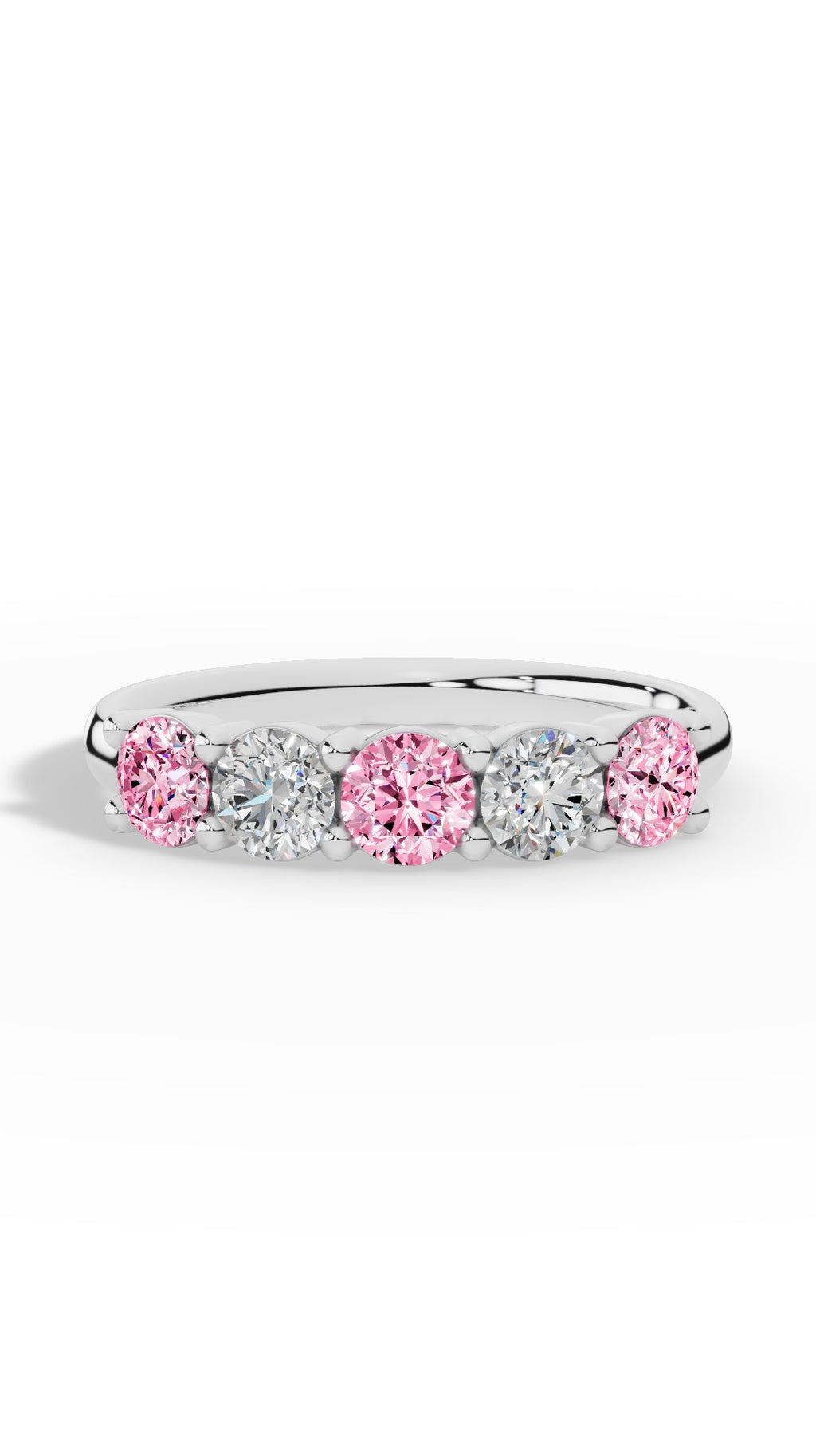 French Pavé Five Stone Light Pink & White Brilliant Round Cut Ring 925 Sterling Silver 1.0 CTW