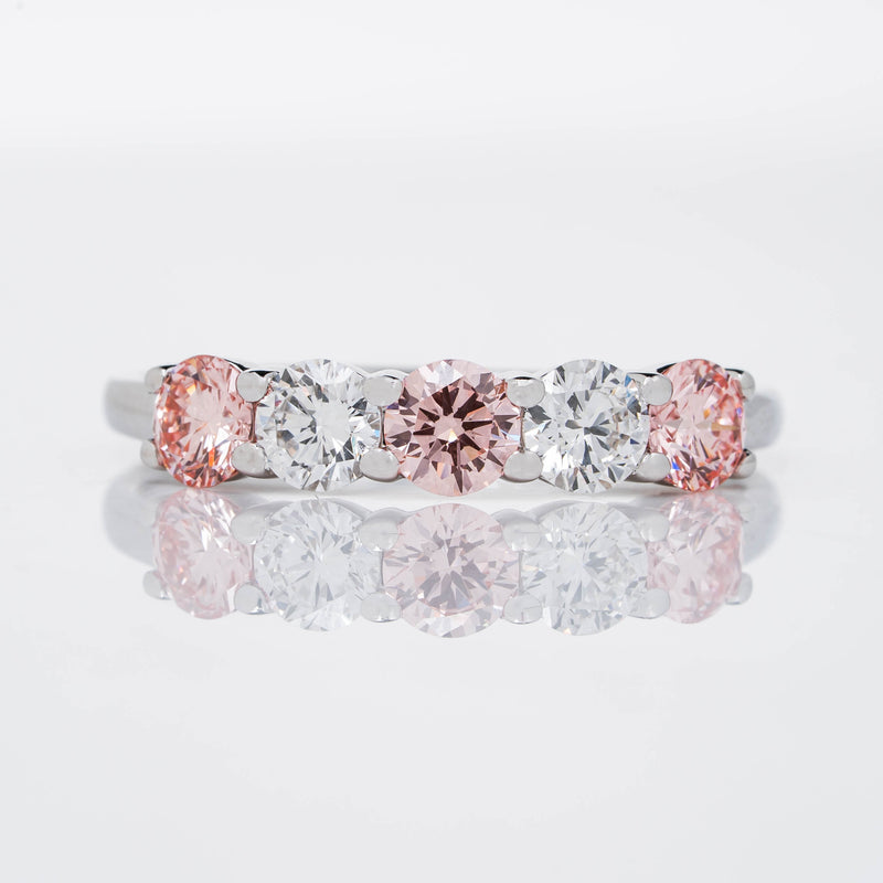 French Pavé Five Stone Light Pink & White Brilliant Round Cut Lab Grown Diamond Ring