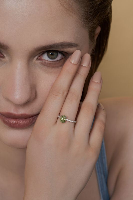 Green Oval Lab Grown Diamond Semi Eternity Ring in 10K Yellow Gold 1.78 CTW