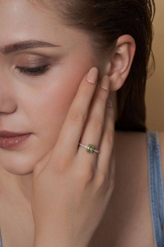 Green Oval Lab Grown Diamond Semi Eternity Ring in 14K Yellow Gold 1.78 CTW