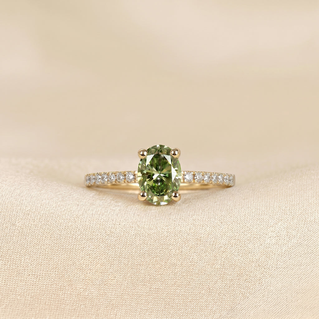 Green Oval Lab Grown Diamond Semi Eternity Ring in 10K Yellow Gold 1.78 CTW