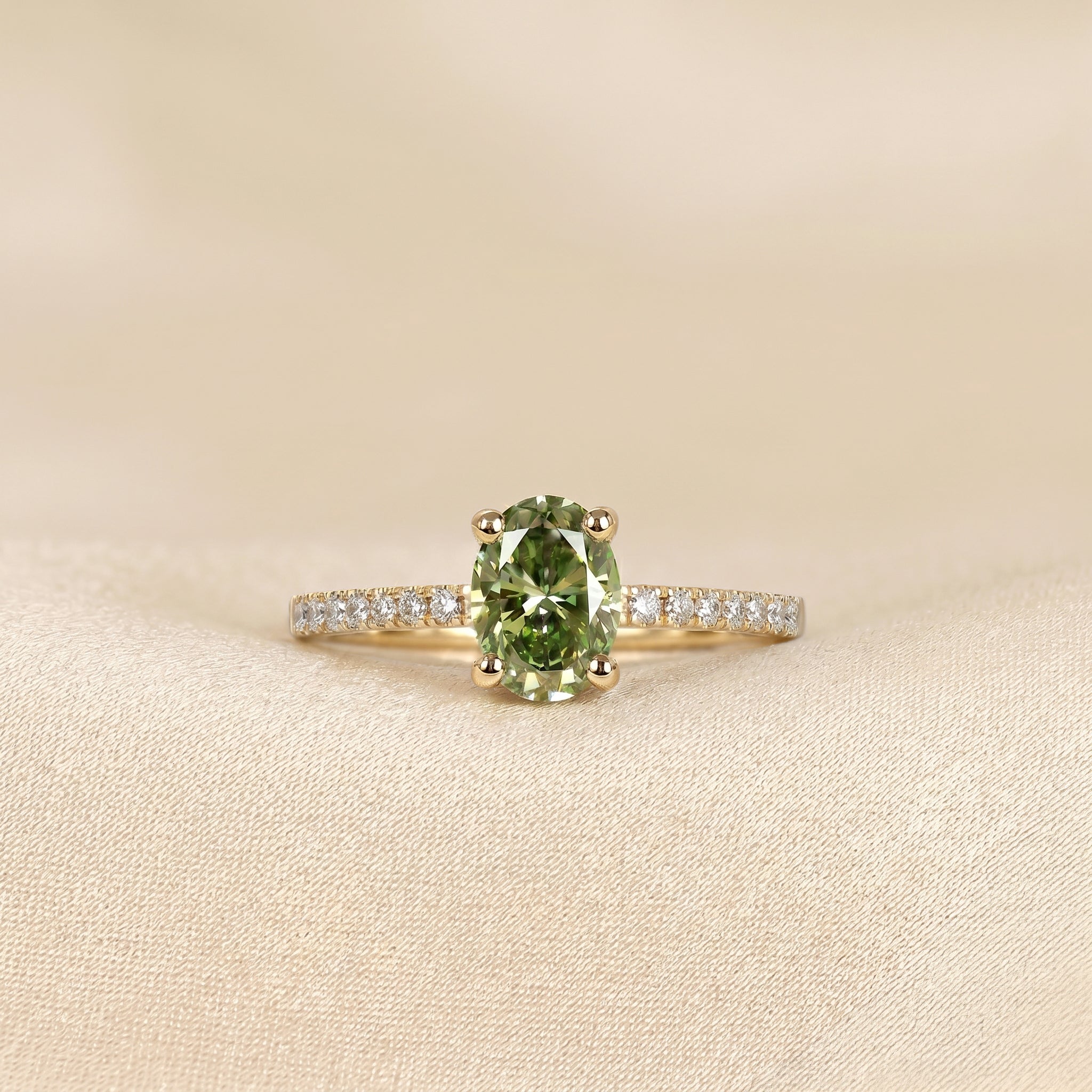 Green Oval Lab Grown Diamond Semi Eternity Ring in 10K Yellow Gold 1.78 CTW