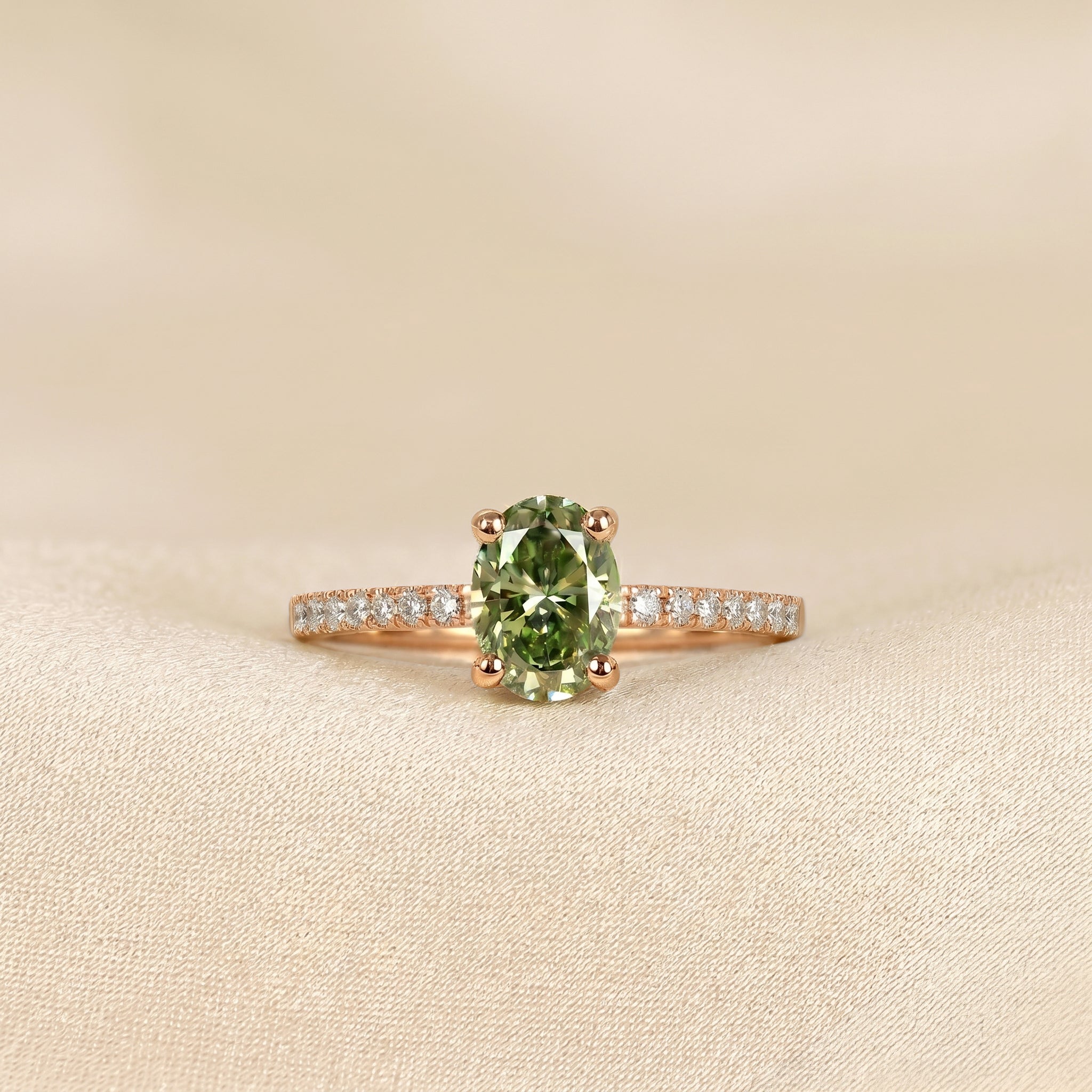Green Oval Lab Grown Diamond Semi Eternity Ring in 14K Rose Gold 1.78 CTW