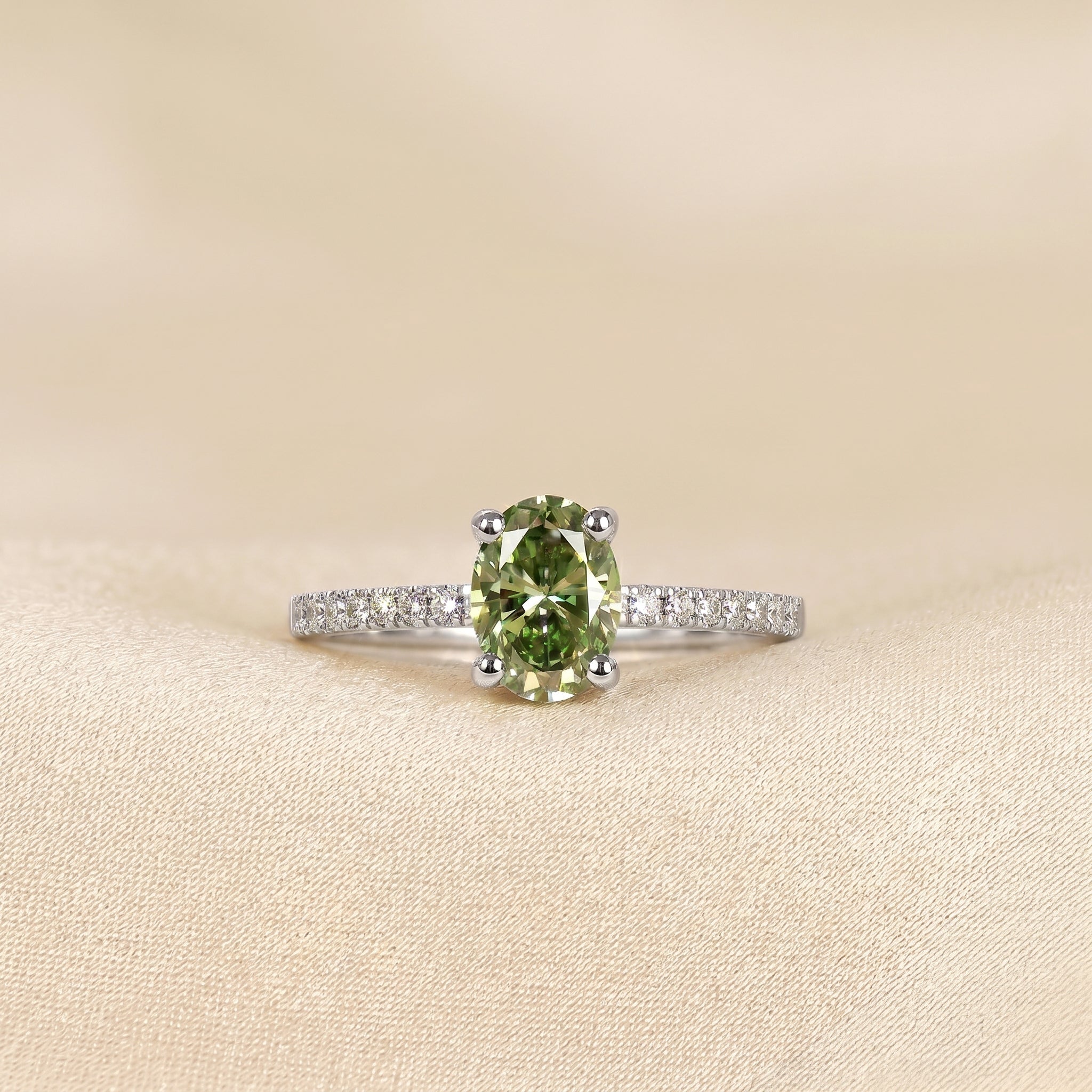 Green Oval Lab Grown Diamond Semi Eternity Ring in 18K White Gold 1.78 CTW