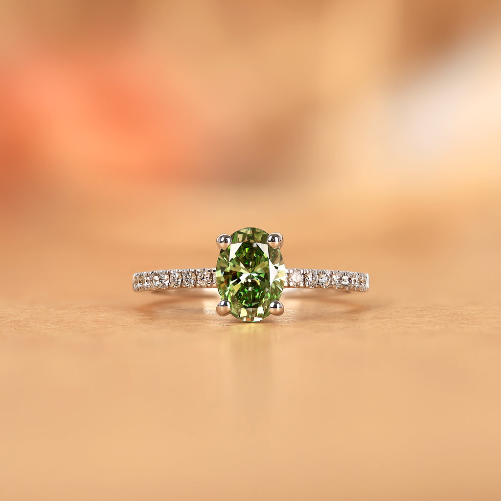 Green Oval Moissanite Semi Eternity Ring in 925 Sterling Silver 1.788 CTW