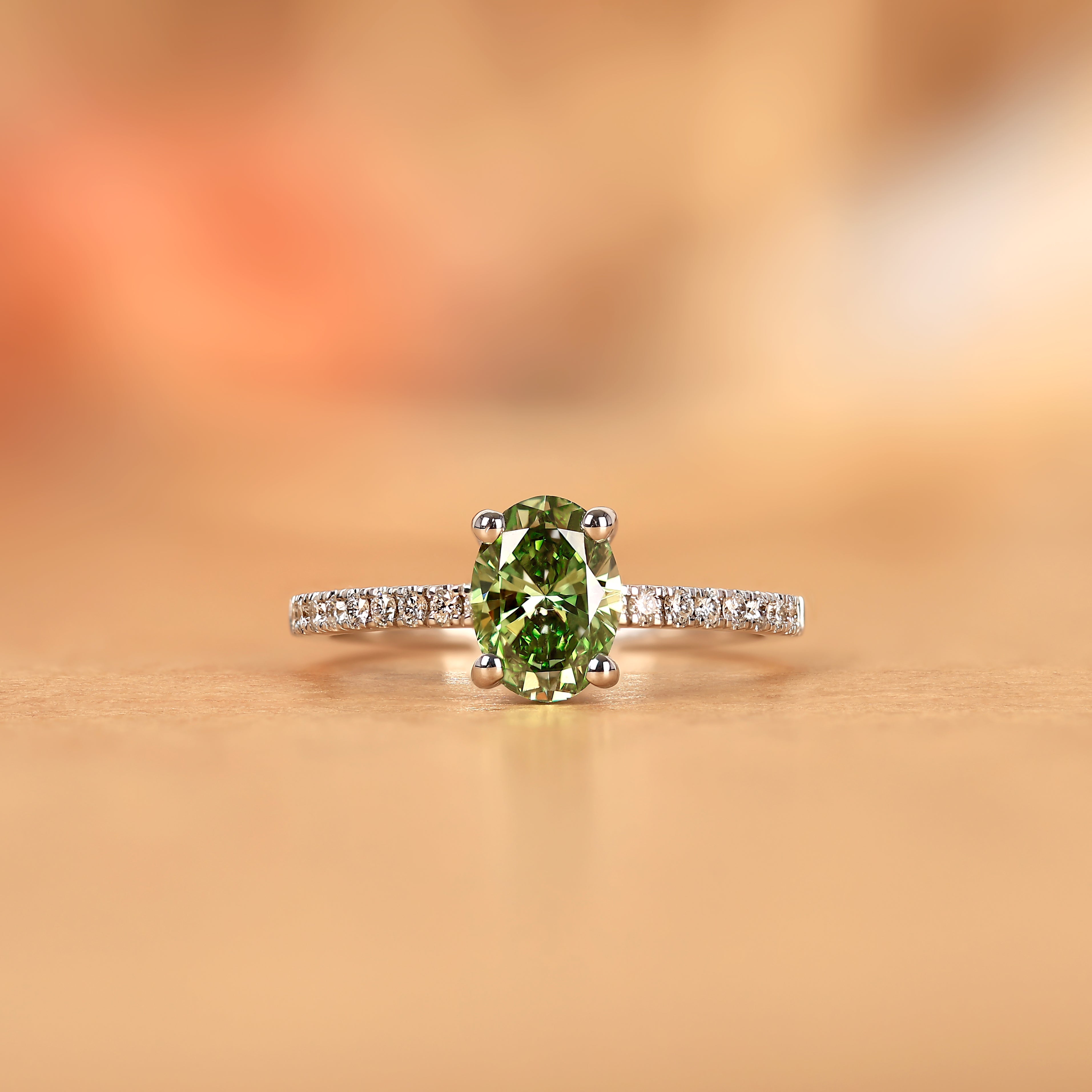 Green Oval Moissanite Semi Eternity Ring in 925 Sterling Silver 1.788 CTW