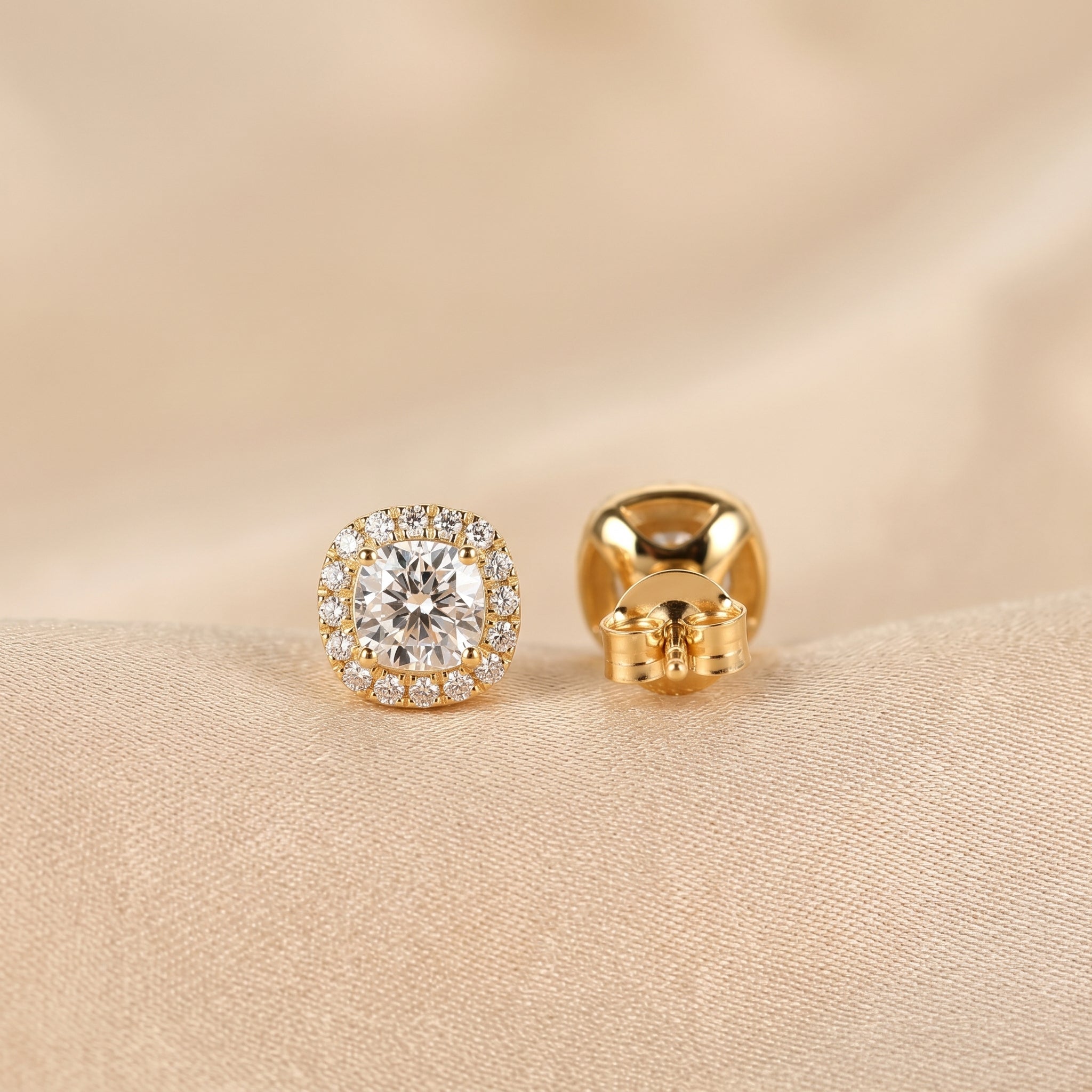 Halo Cushion Lab Grown Diamond Stud Earrings in 10K Yellow Gold 1.39 CTW