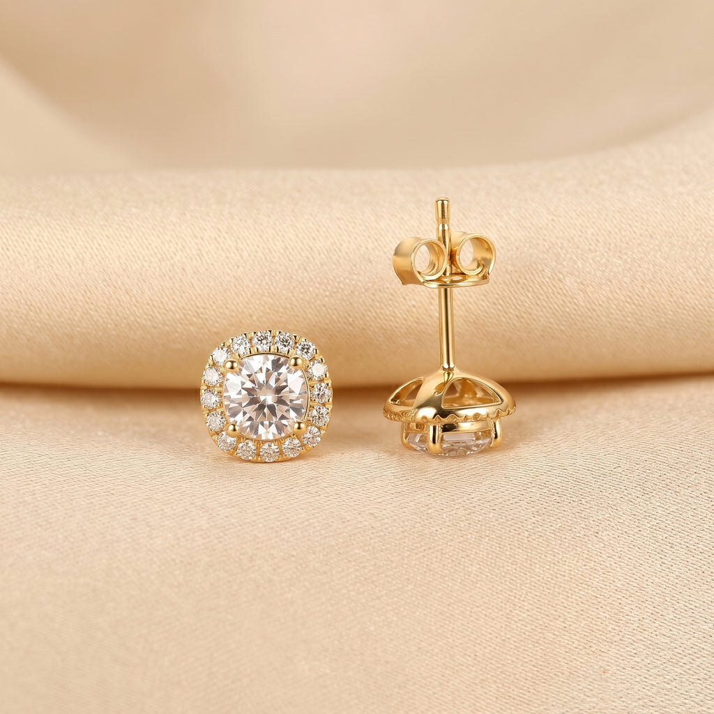 Halo Cushion Lab Grown Diamond Stud Earrings in 10K Yellow Gold 1.39 CTW