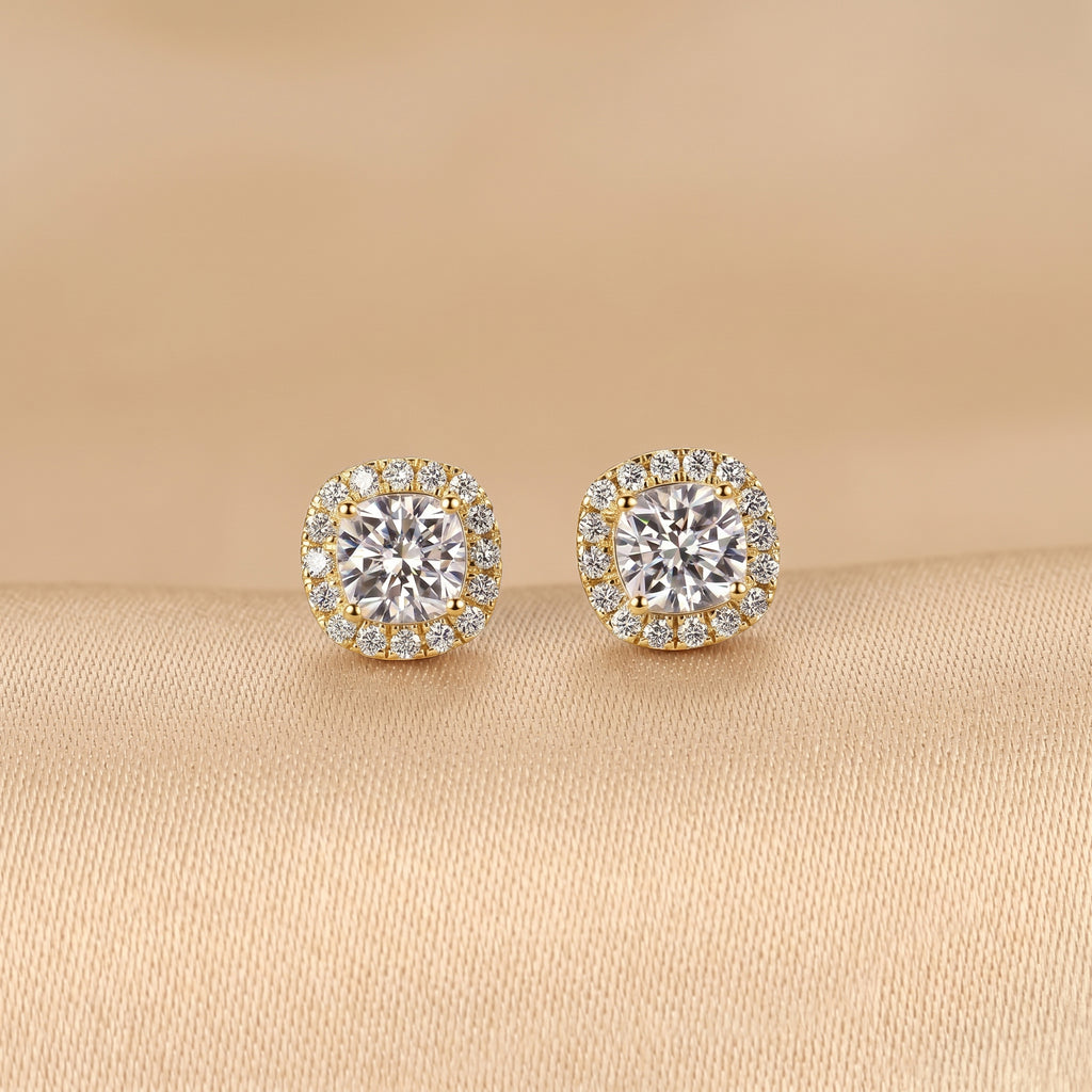 Halo Cushion Lab Grown Diamond Stud Earrings in 10K Yellow Gold 1.39 CTW