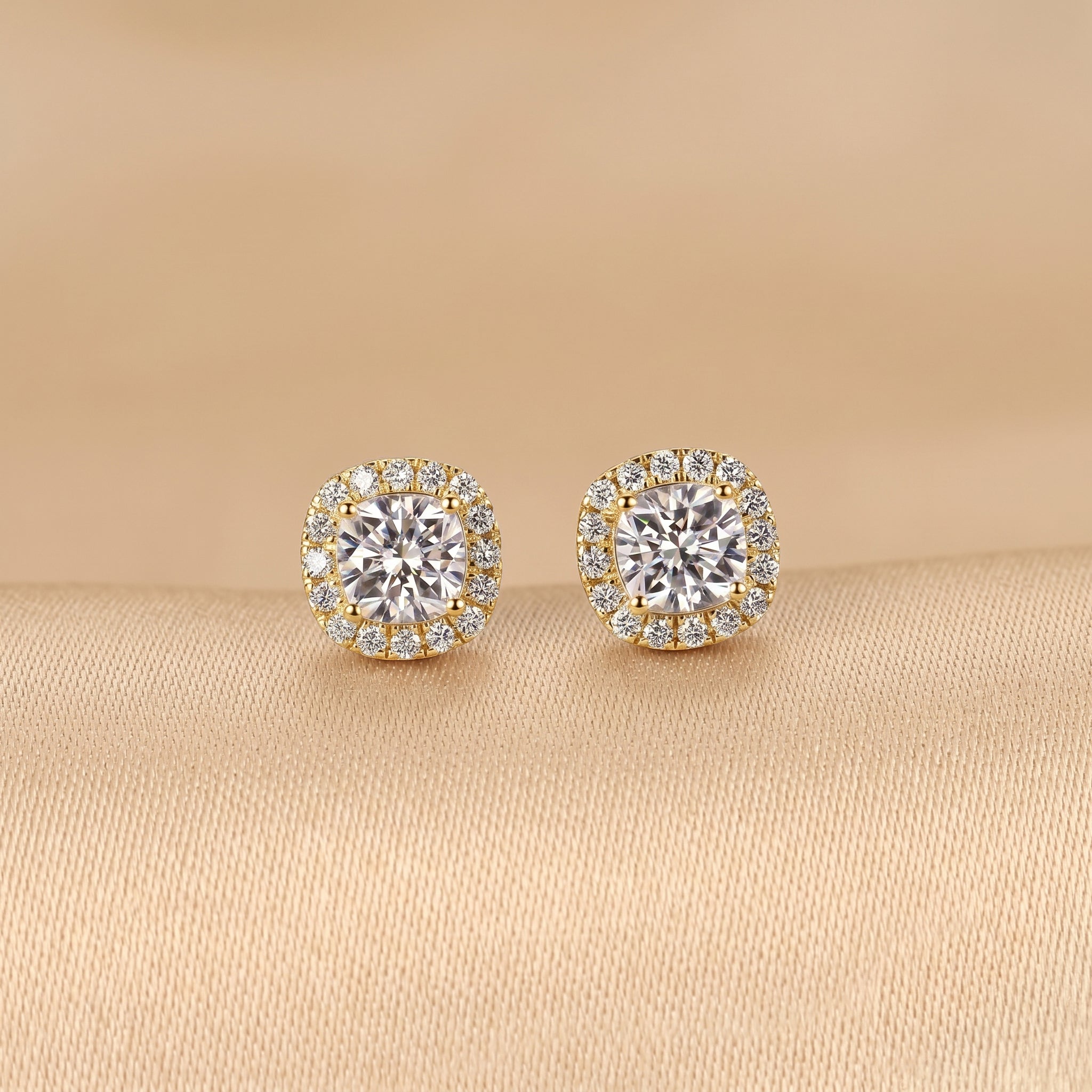 Halo Cushion Lab Grown Diamond Stud Earrings in 10K Yellow Gold 1.39 CTW