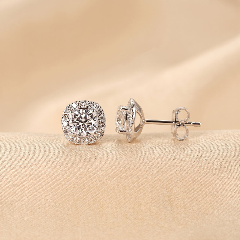 Halo Cushion Lab Grown Diamond Stud Earrings in 14K White Gold 1.39 CTW