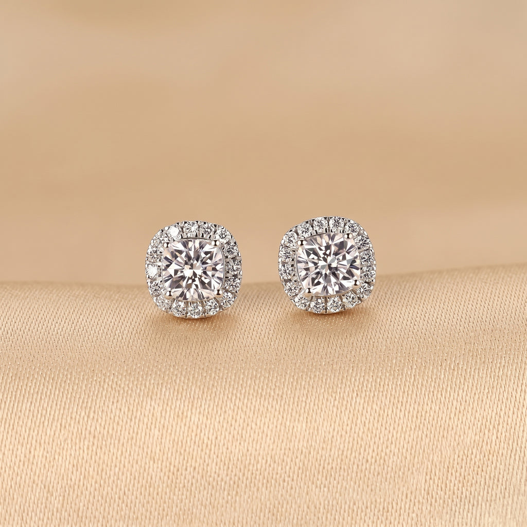 Halo Cushion Lab Grown Diamond Stud Earrings in 14K White Gold 1.39 CTW