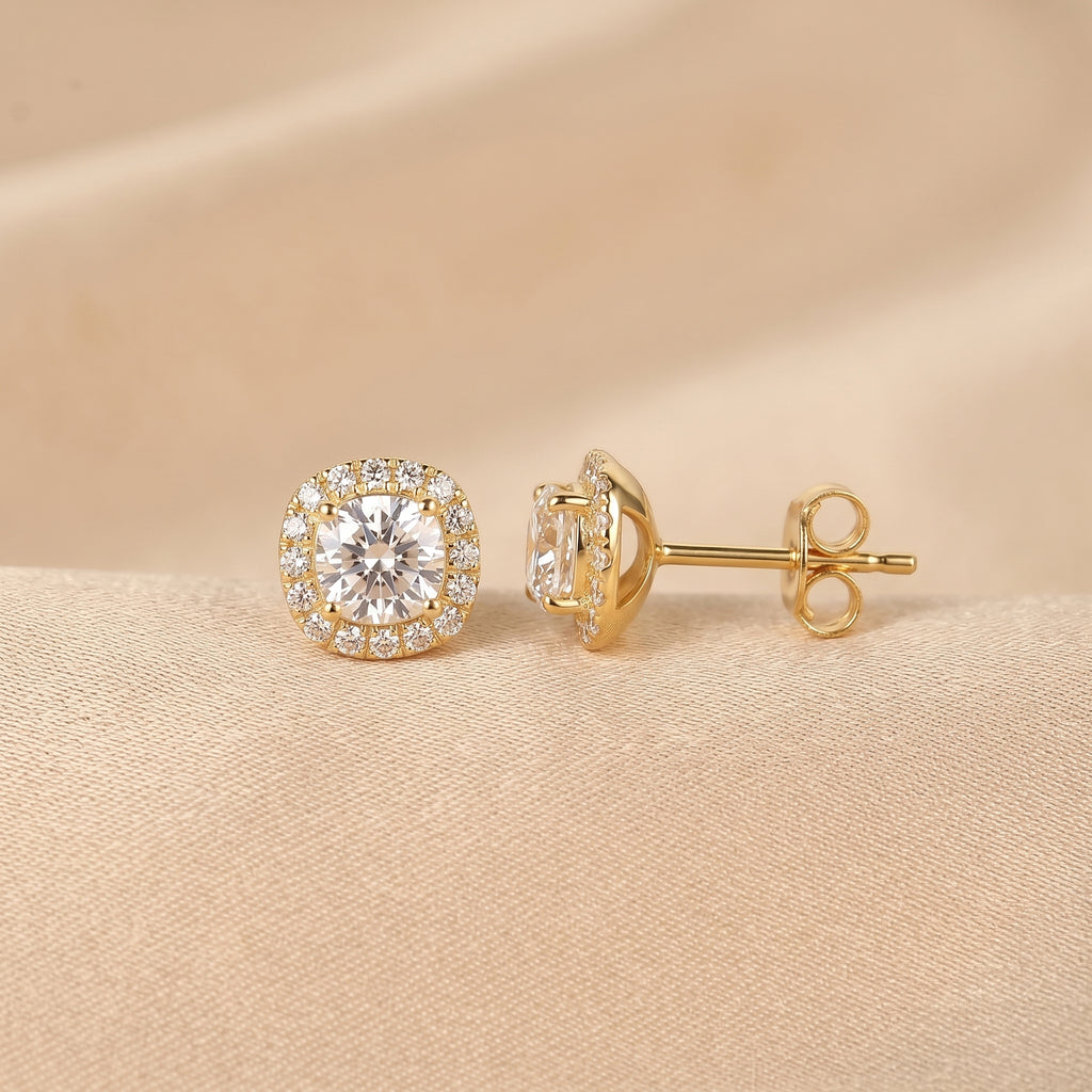 Halo Cushion Lab Grown Diamond Stud Earrings in 14K Yellow Gold 1.39 CTW