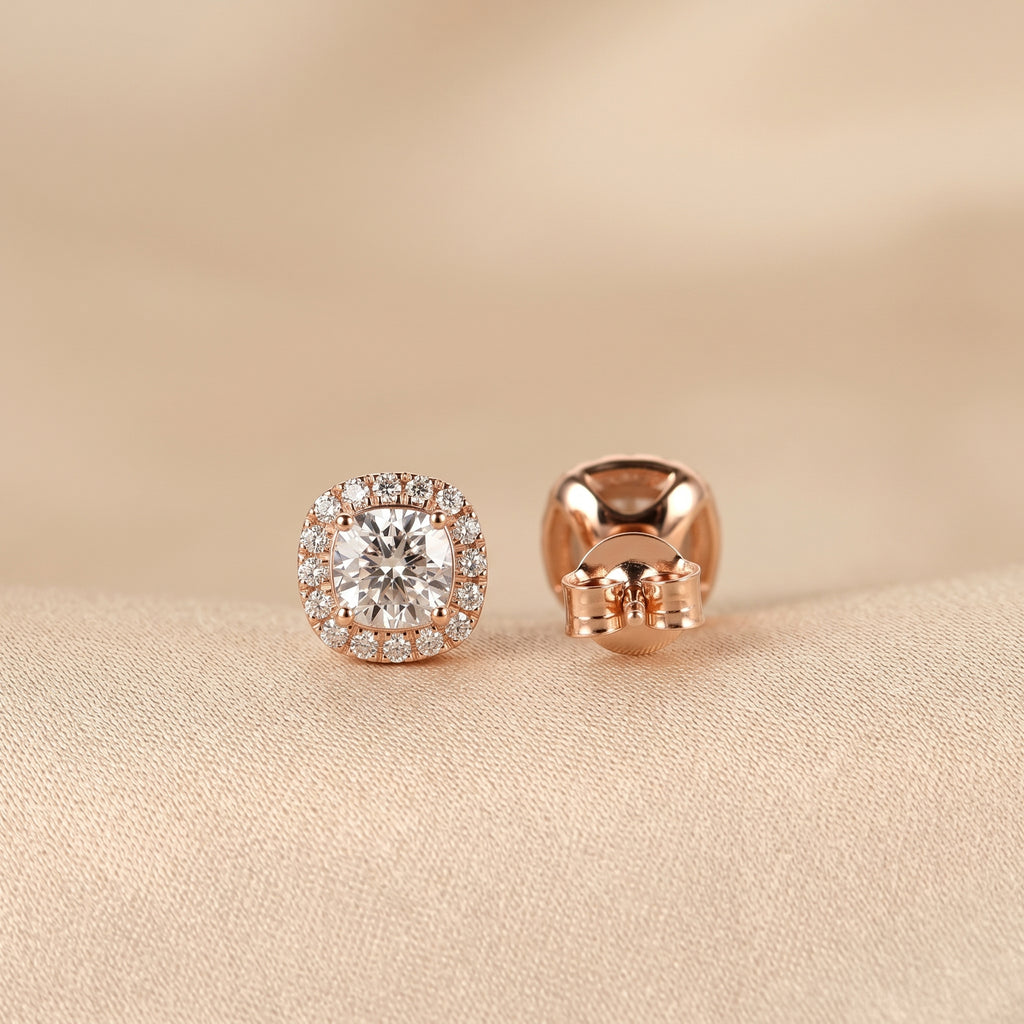 Halo Cushion Lab Grown Diamond Stud Earrings in 18K Rose Gold 1.39 CTW