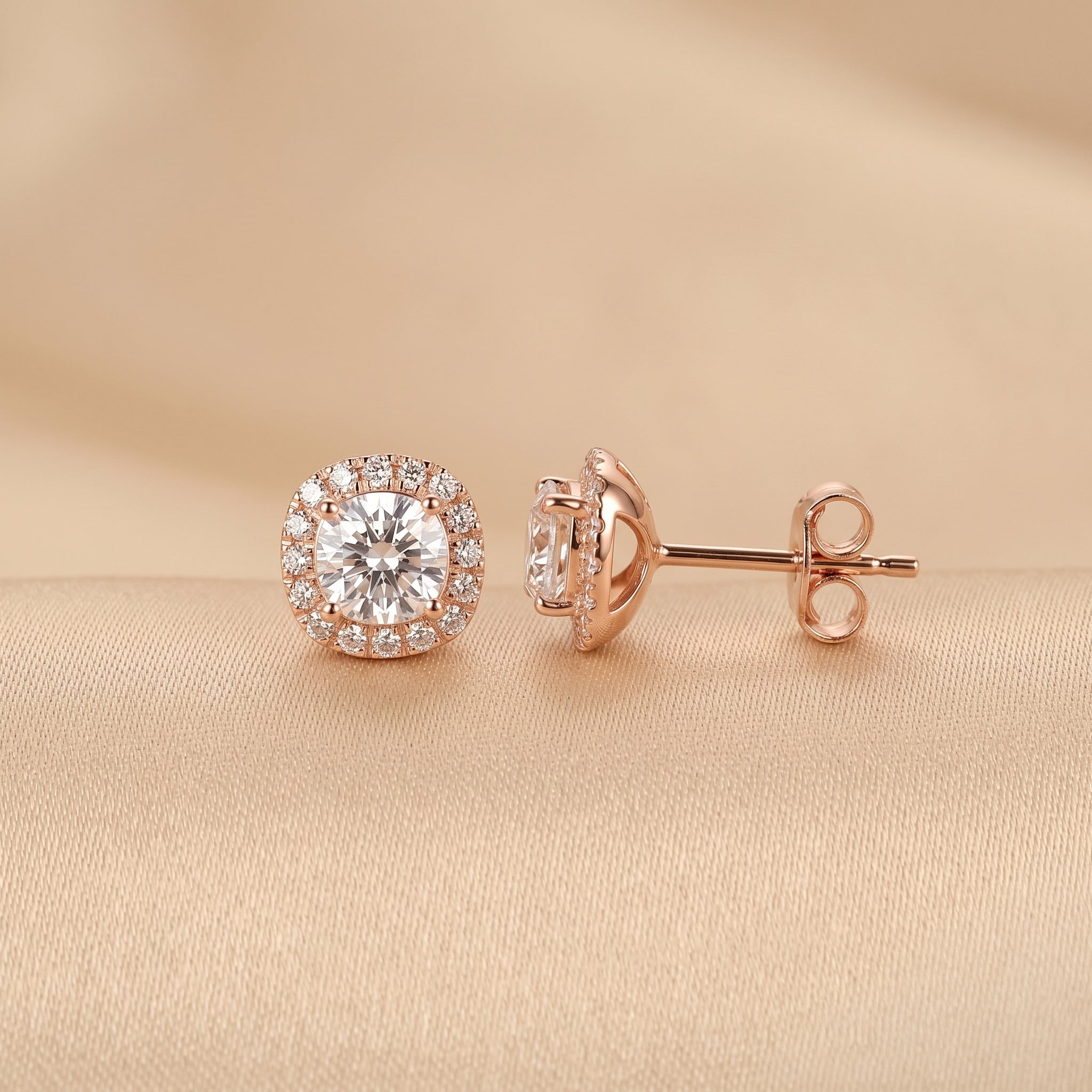 Halo Cushion Lab Grown Diamond Stud Earrings in 18K Rose Gold 1.39 CTW