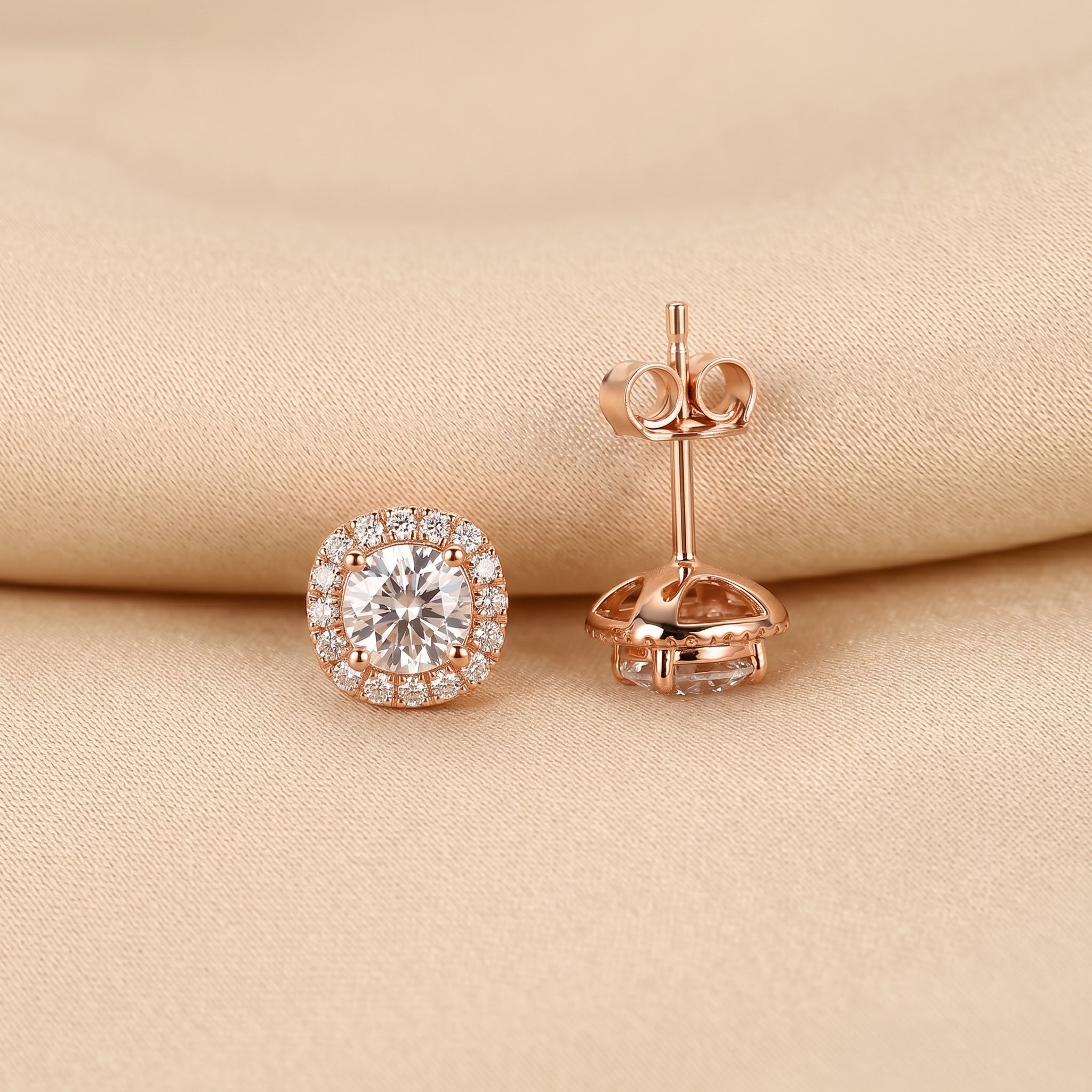 Halo Cushion Lab Grown Diamond Stud Earrings in 18K Rose Gold 1.39 CTW