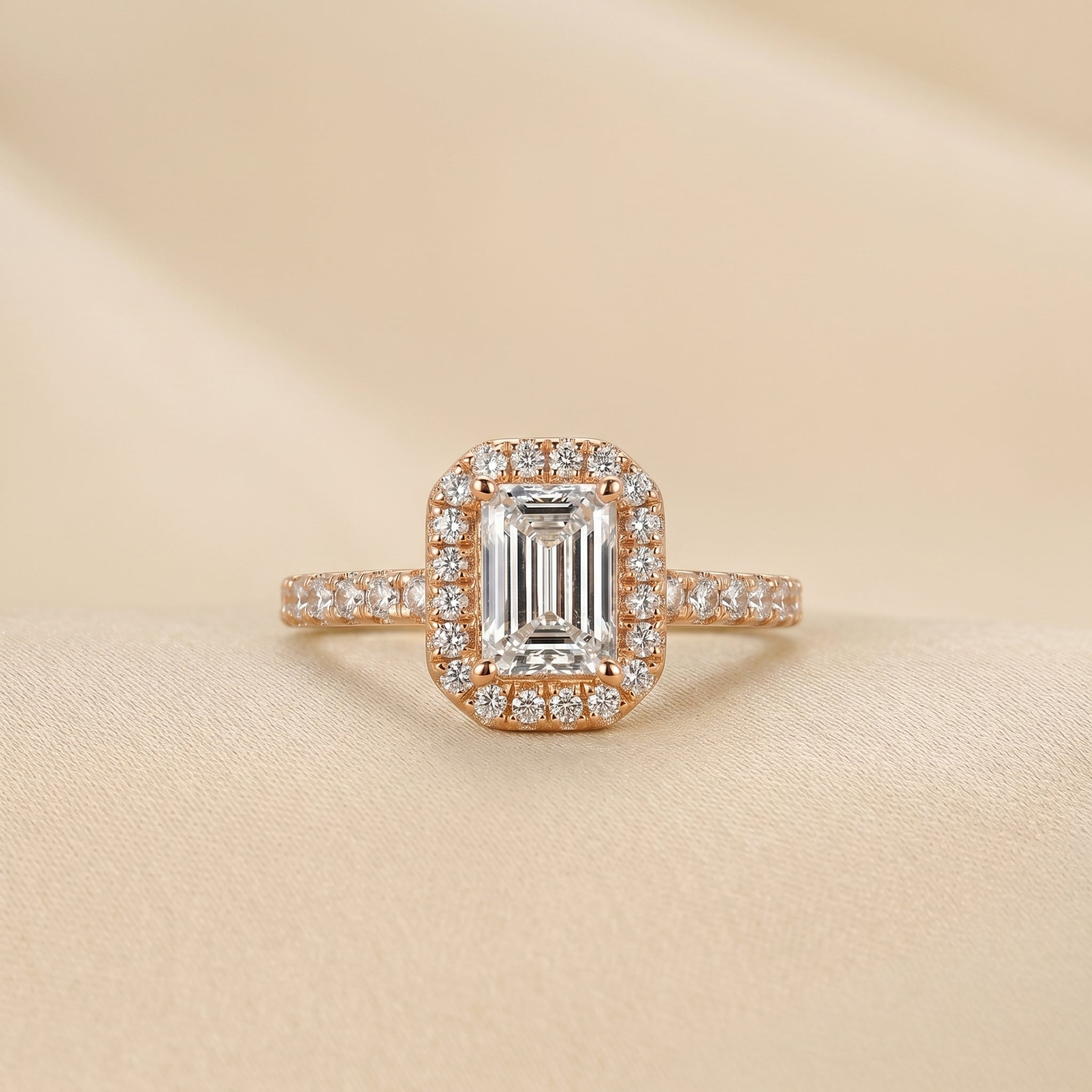 Halo Emerald Cut Lab Grown Diamond Engagement Ring in 10K Rose Gold 1.52 CTW