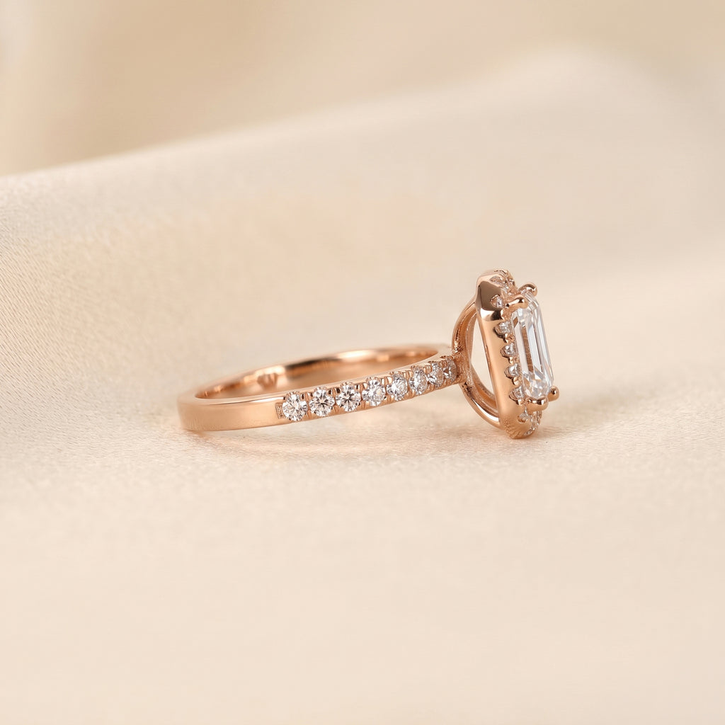 Halo Emerald Cut Lab Grown Diamond Engagement Ring in 14K Rose Gold 1.52 CTW