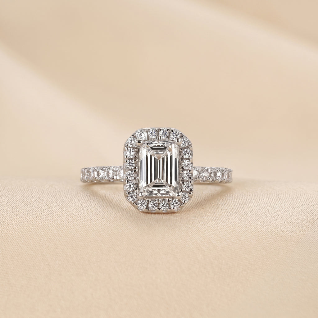 Halo Emerald Cut Lab Grown Diamond Engagement Ring in 14K White Gold 1.52 CTW