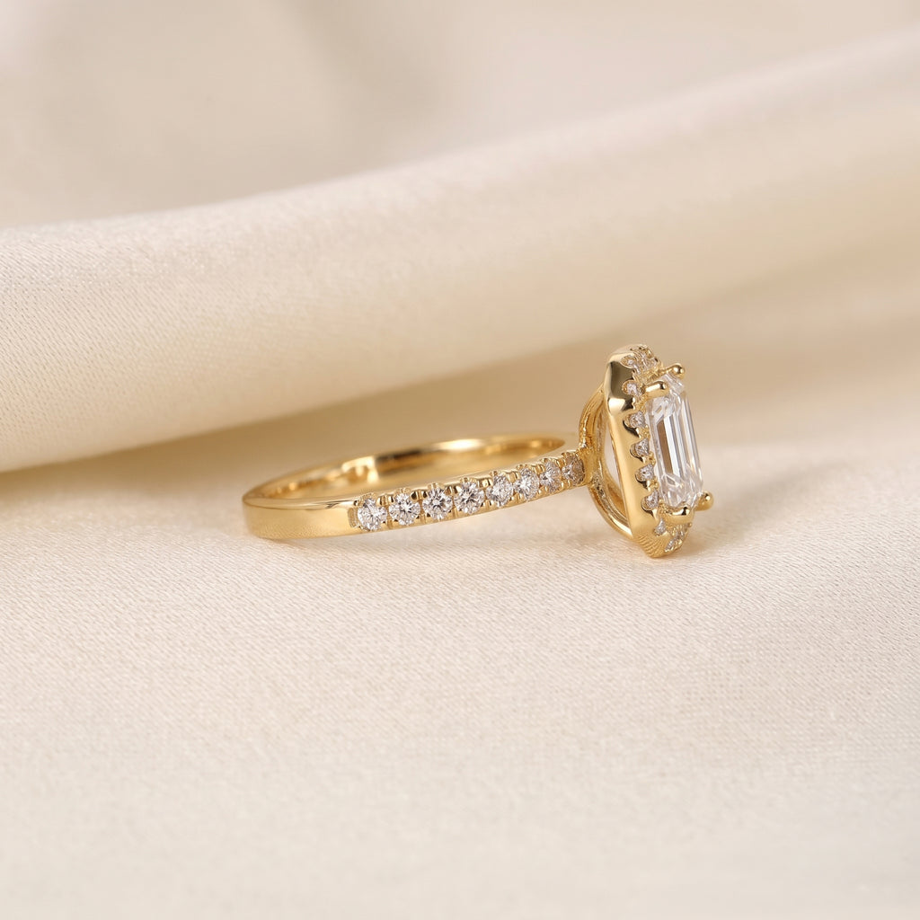 Halo Emerald Cut Lab Grown Diamond Engagement Ring in 14K Yellow Gold 1.52 CTW