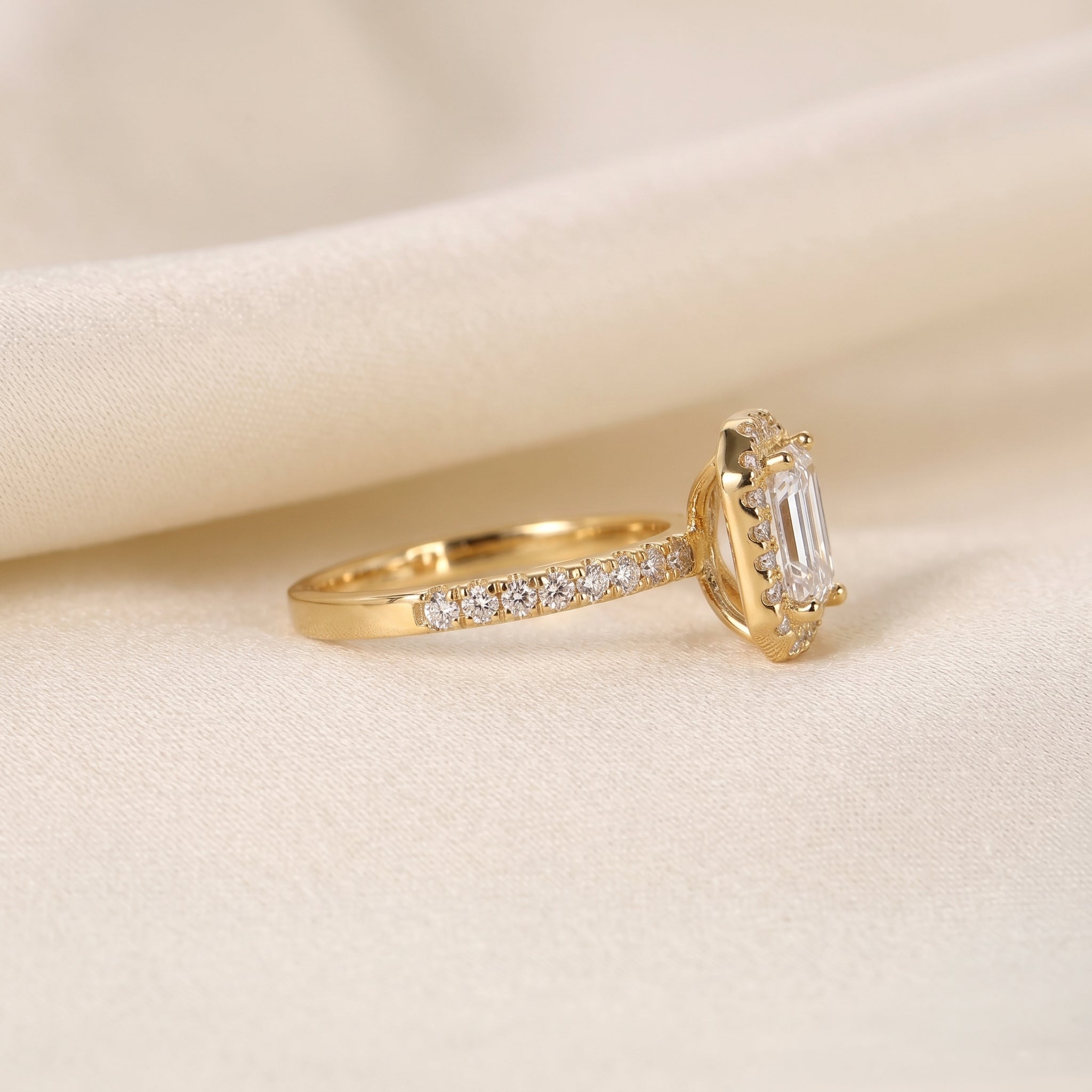 Halo Emerald Cut Lab Grown Diamond Engagement Ring in 14K Yellow Gold 1.52 CTW
