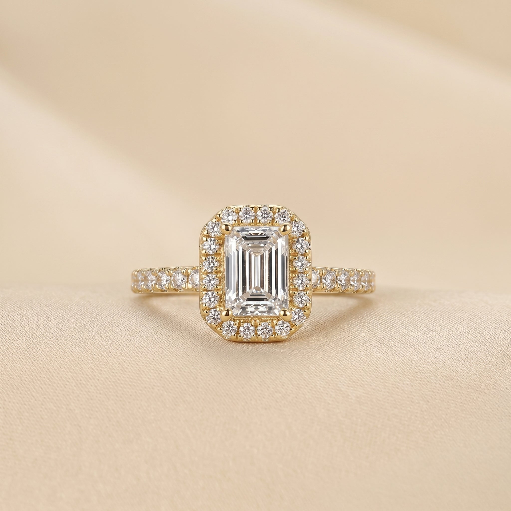 Halo Emerald Cut Lab Grown Diamond Engagement Ring in 18K Yellow Gold 1.52 CTW