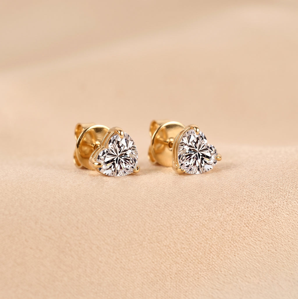 Heart Cut Solitaire Stud Earrings 10K Yellow Gold 2 CTW