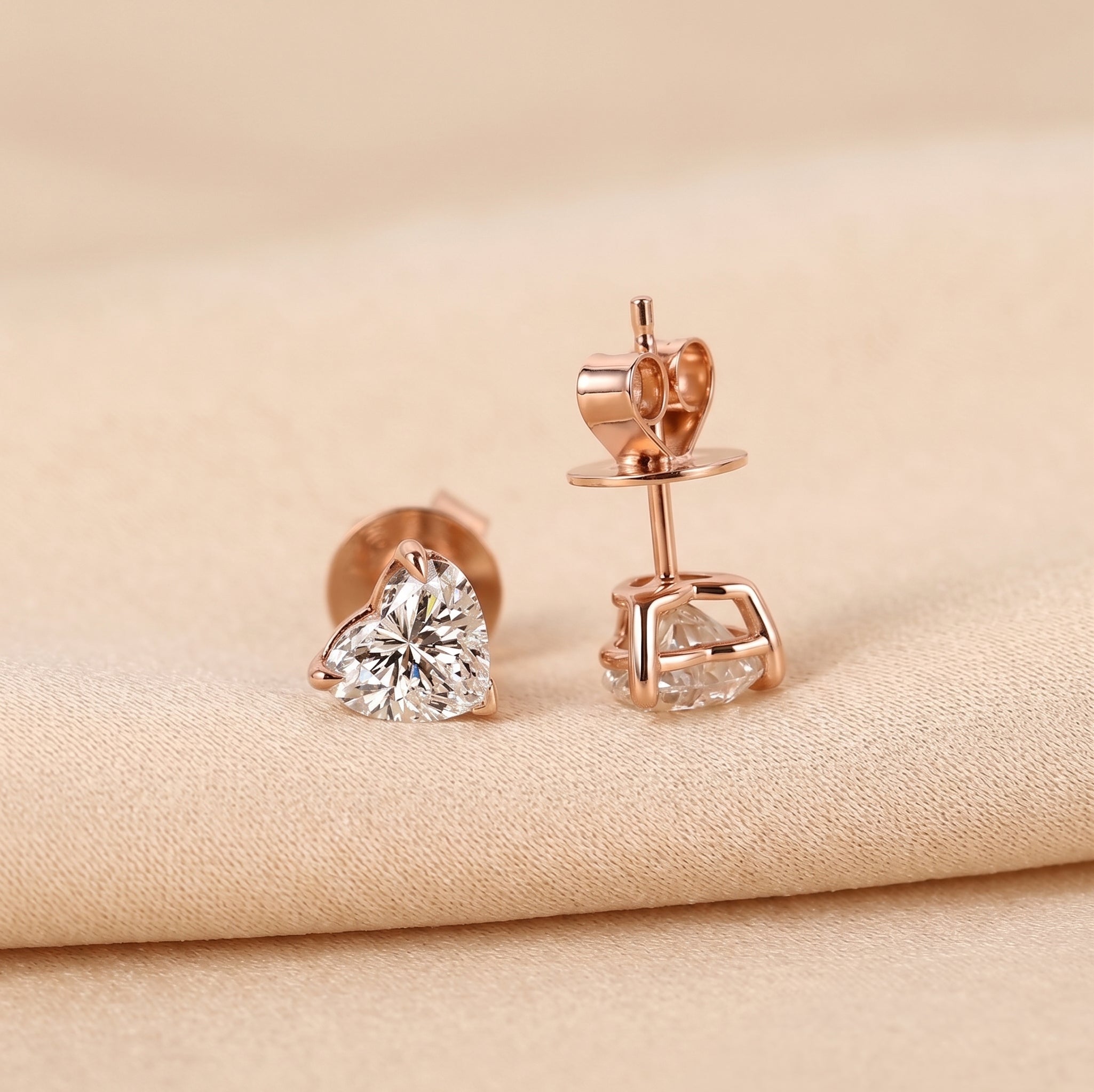 Heart Cut Solitaire Stud Earrings 18K Rose Gold 2 CTW