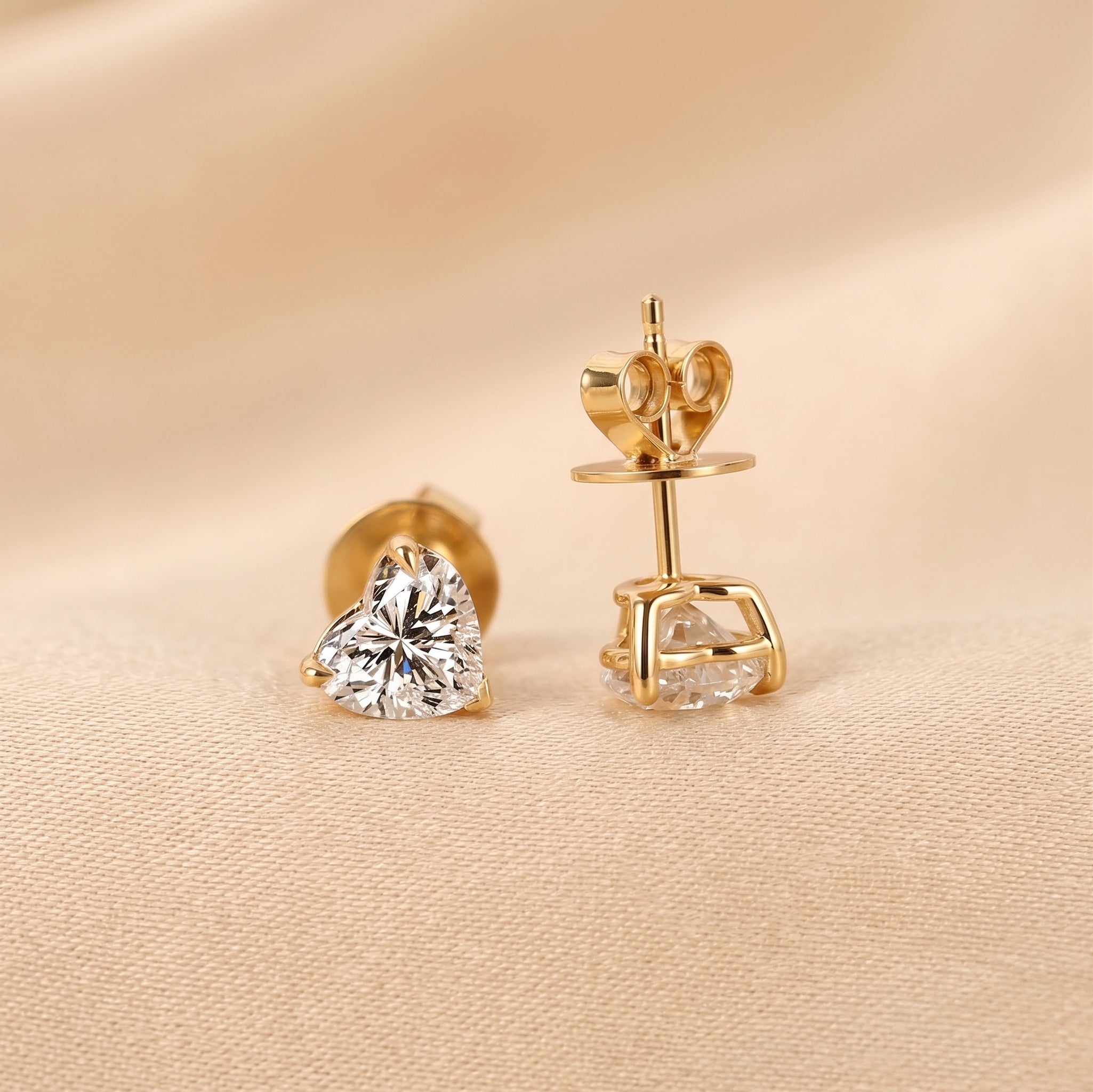 Heart Cut Solitaire Stud Earrings 18K Yellow Gold 2 CTW