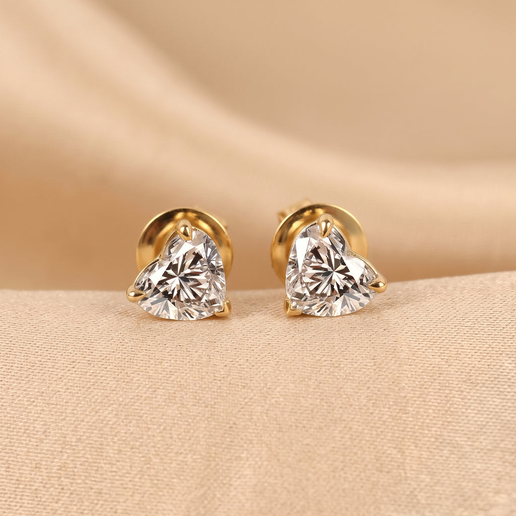 Heart Cut Solitaire Stud Earrings 18K Yellow Gold 2 CTW