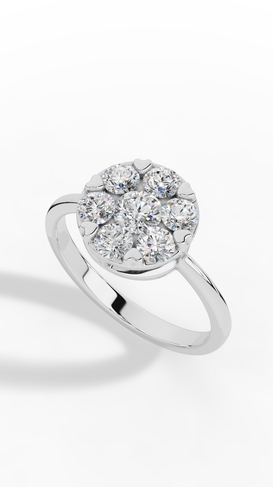 Heart Shaped Prong Clustered Brilliant Round Cut Ring 18K White Gold 1.0 CTW