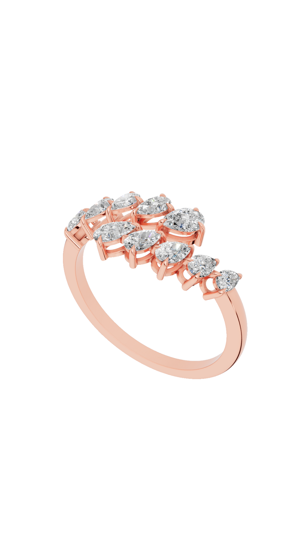Top view of ivy bypass open ring with pear cut lab grown diamonds in 10K rose gold