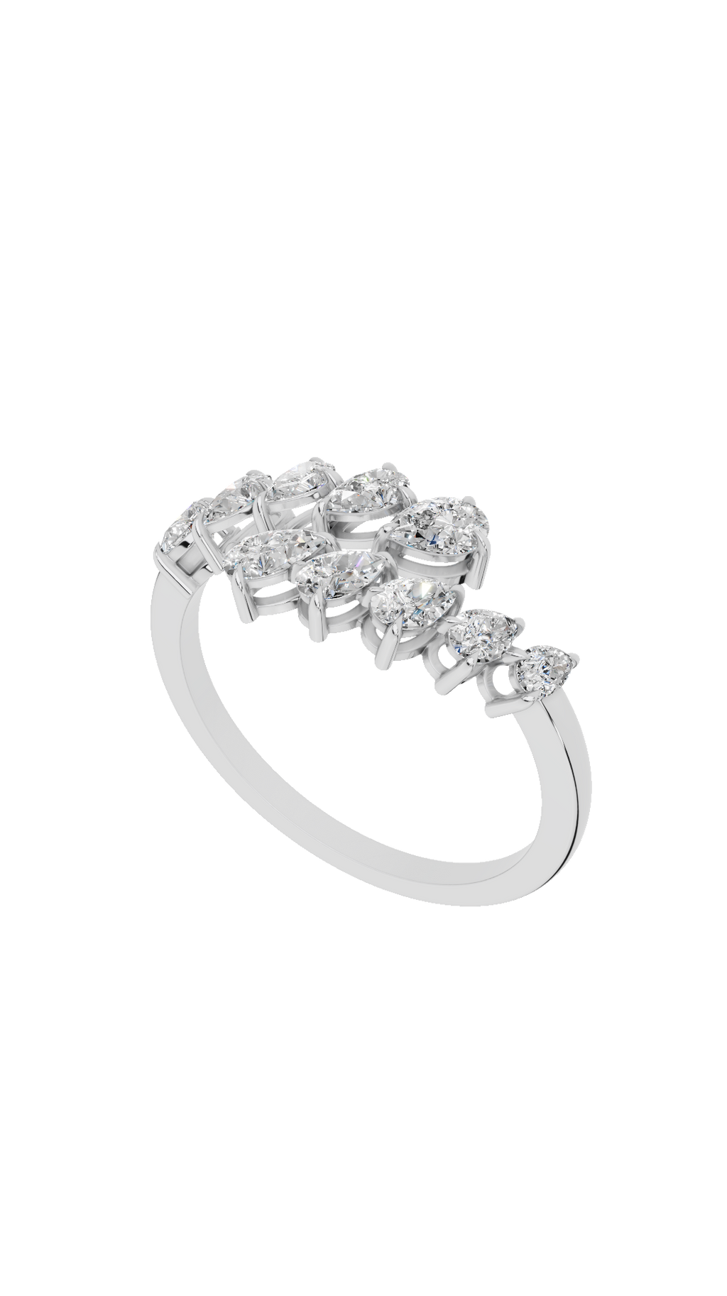 Top angle view of ivy bypass open ring with pear cut lab grown diamonds in 10K white gold