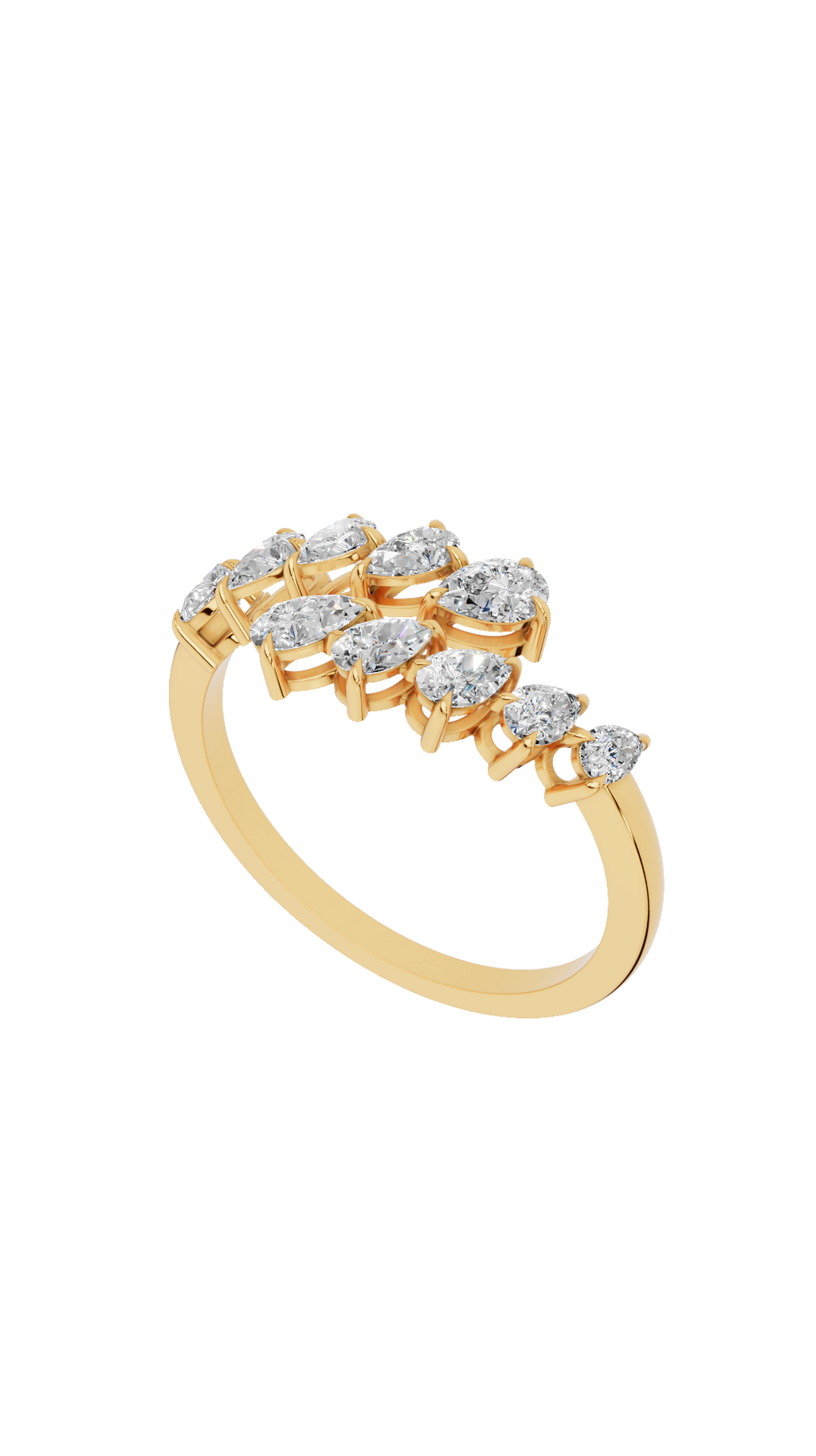 Top view of pear shaped lab grown diamond bypass ring in 14K yellow gold