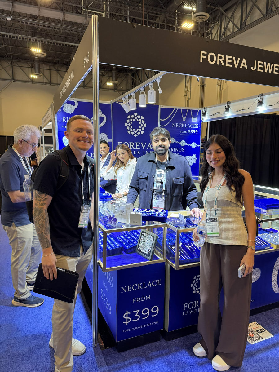 Visitors at Booth 5146 beneath the Foreva Jewels Inc sign at JCK Las Vegas 2026