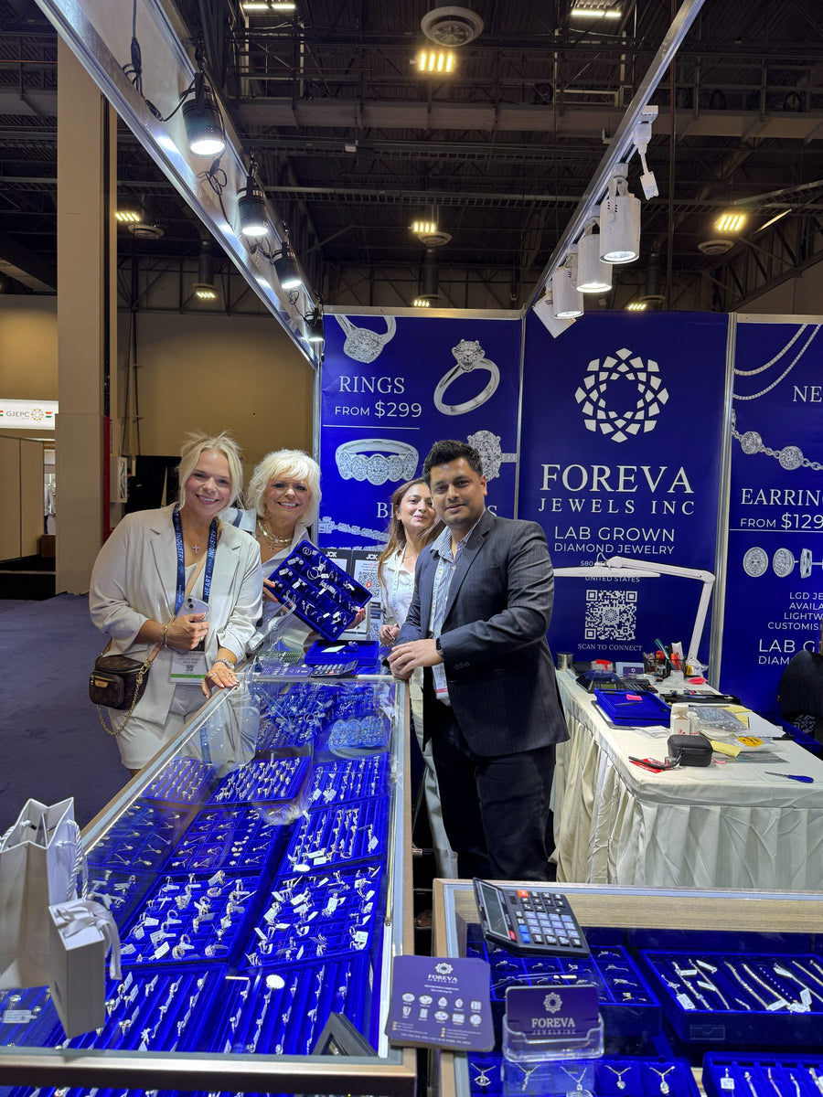 Retail buyers viewing a tray of lab-grown diamond jewellery with the Foreva Jewels team at JCK Las Vegas 2026