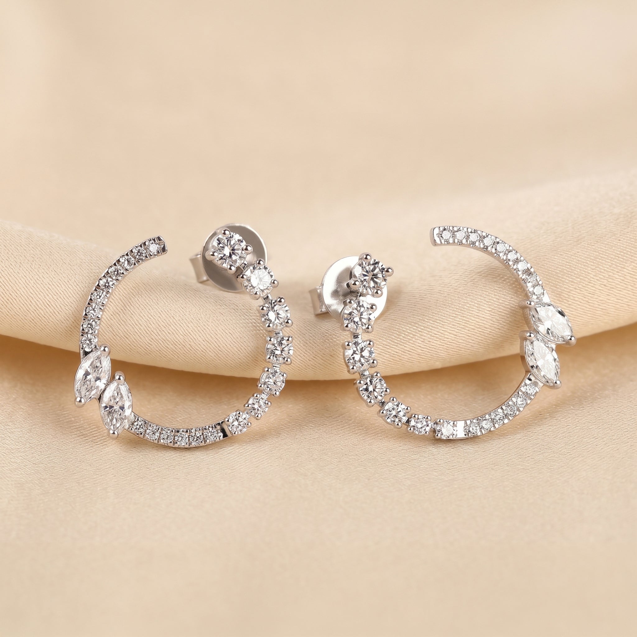 Marquise & Round Lab Grown Diamond Open Circle Stud Earrings in 14K White Gold 2.20 CTW