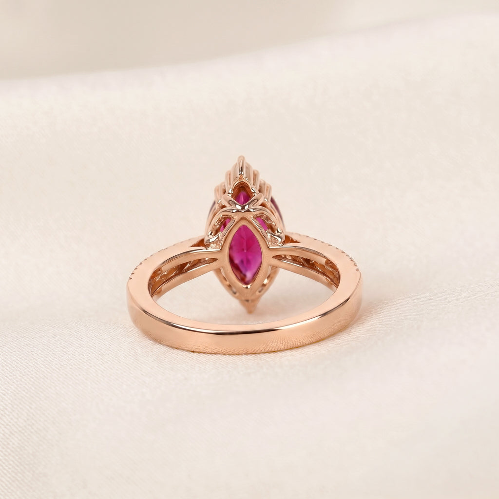 Marquise Ruby Red Gemstone Diamond Halo Ring in 10K Rose Gold 1.50 CTW