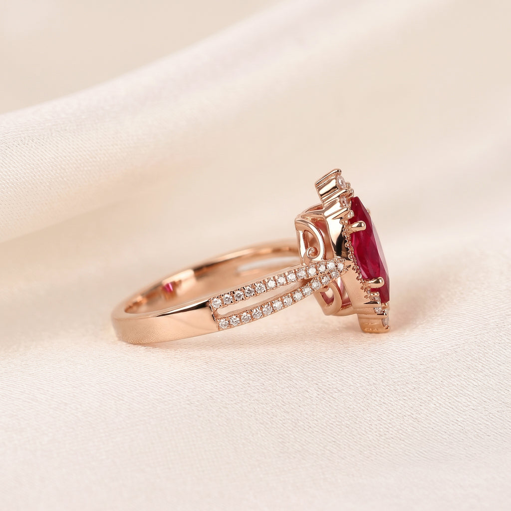 Marquise Ruby Red Gemstone Diamond Halo Ring in 10K Rose Gold 1.50 CTW